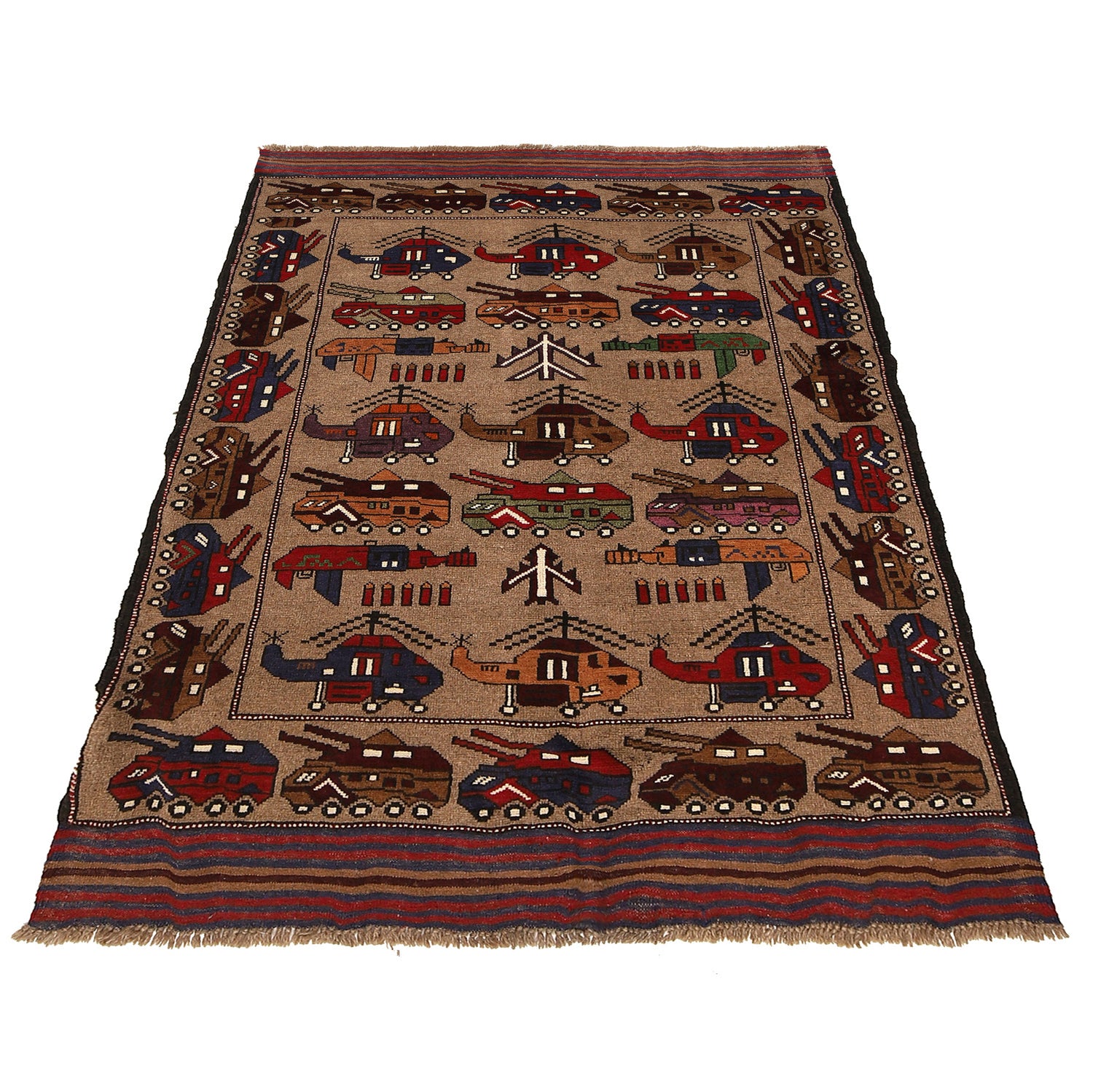 War Area Rug Handmade Brown Tank + Helicopter 4x6 ft