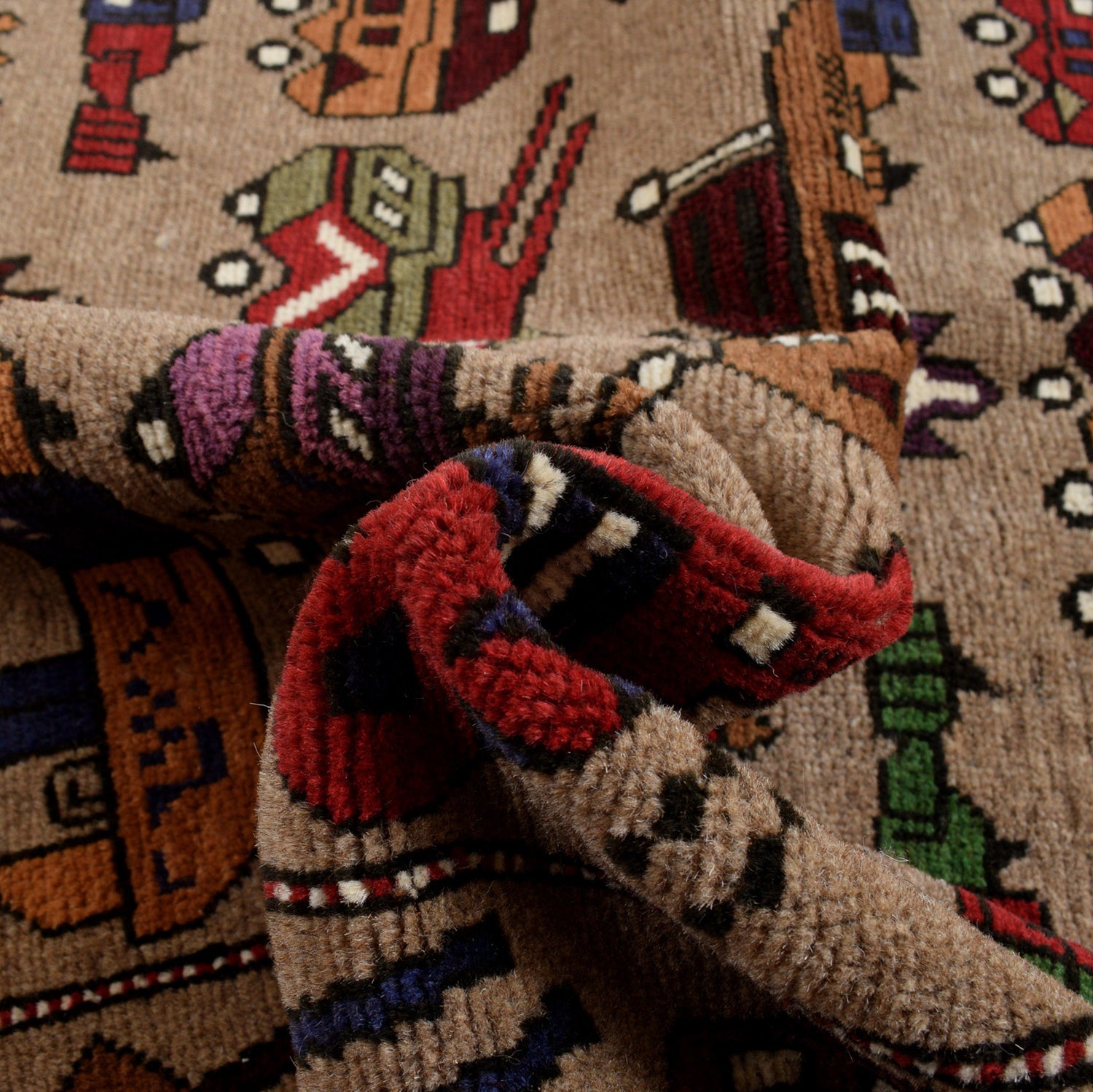 War Area Rug Handmade Brown Tank + Helicopter 4x6 ft
