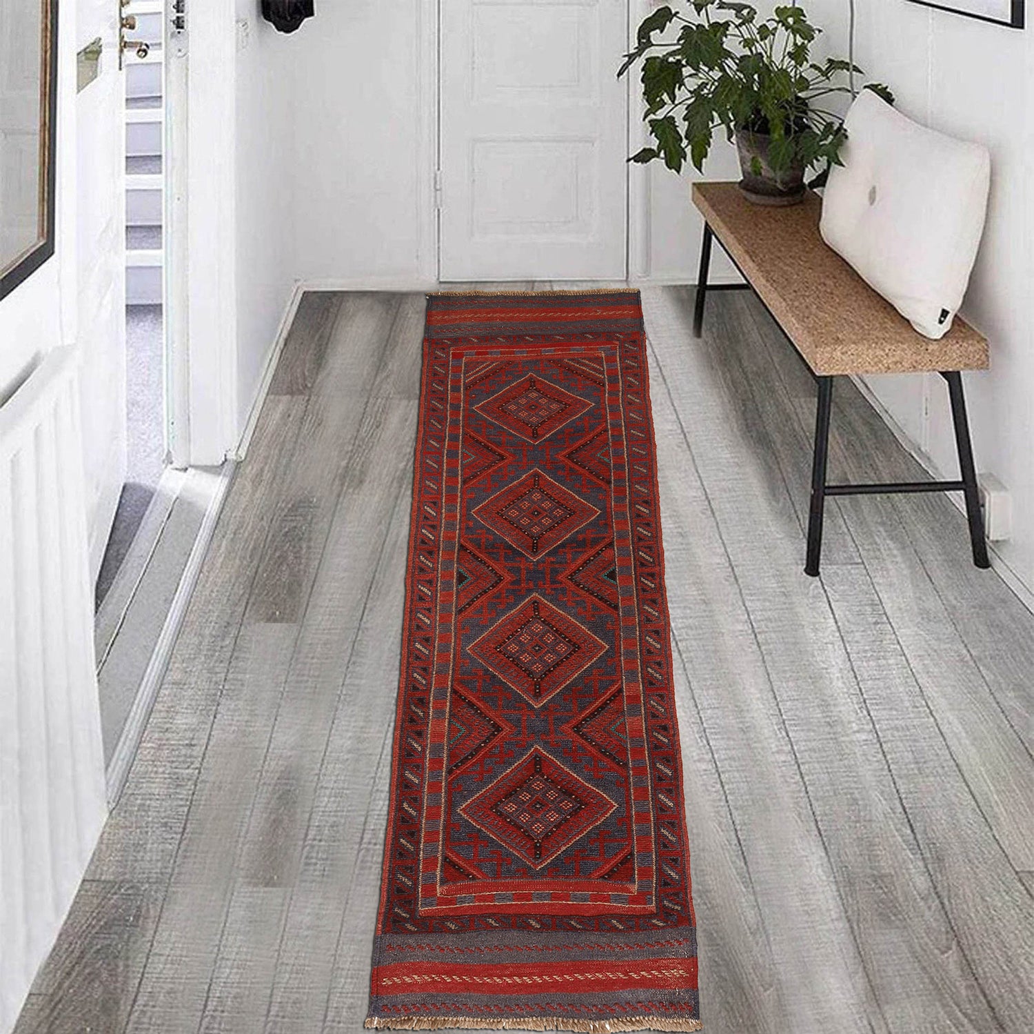 Mashwani Area Rug Runner Handmade Deep Red Geometric 8'
