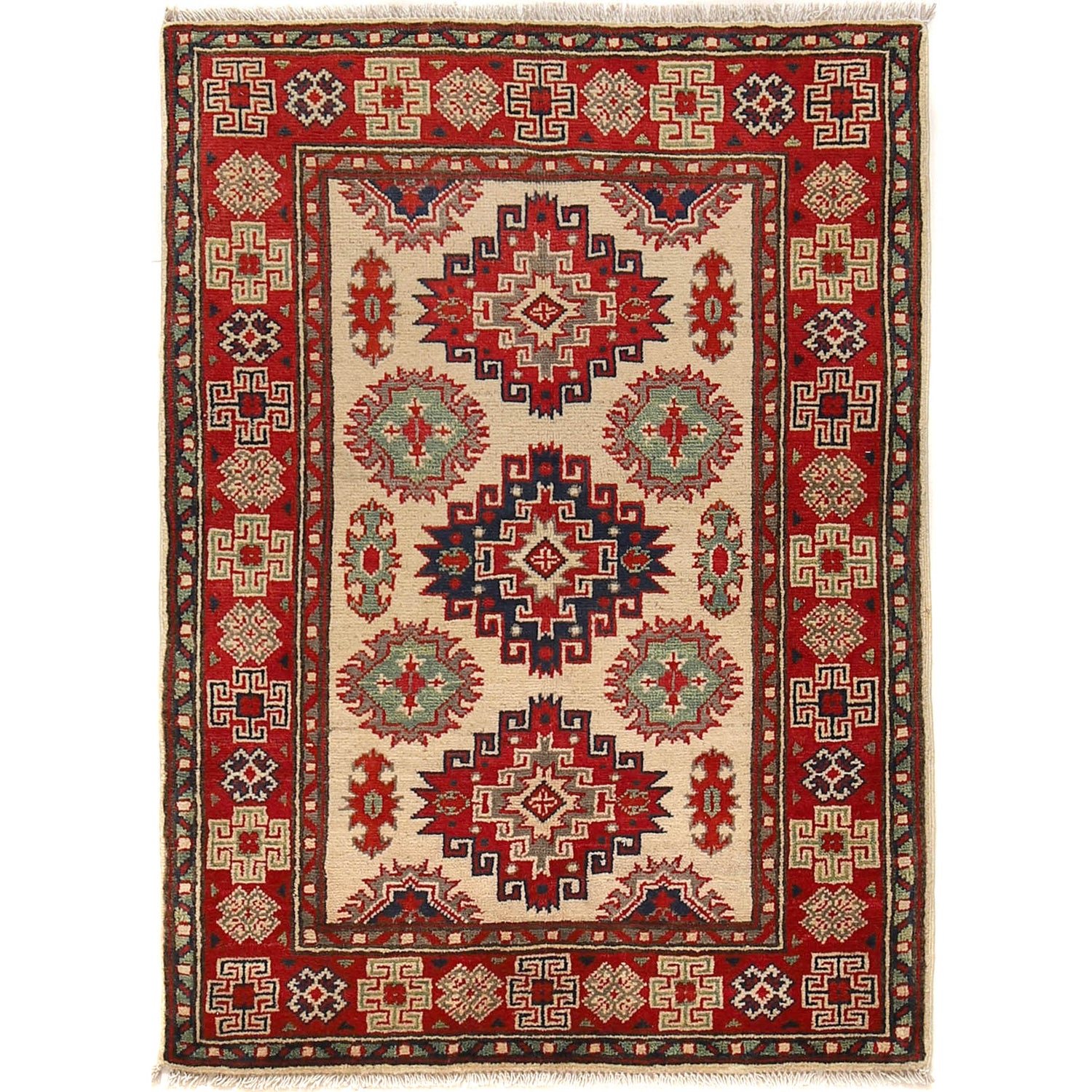 Kazak Rug Handmade Ivory Medallion 2x4 ft