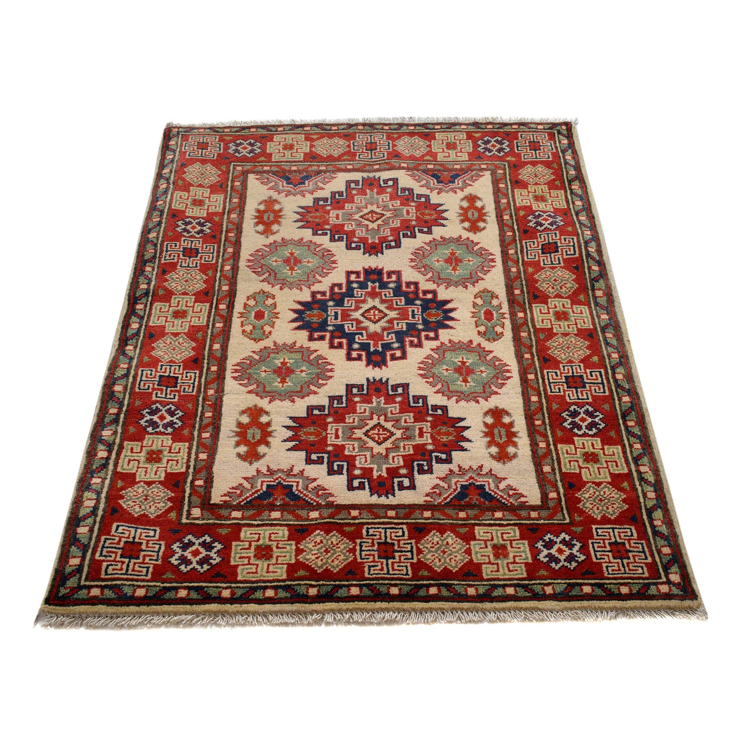 Kazak Rug Handmade Ivory Medallion 2x4 ft