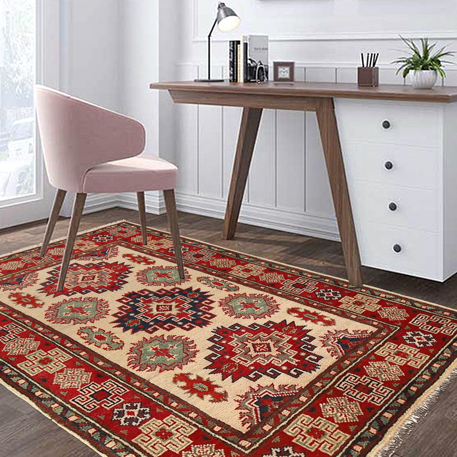 Kazak Rug Handmade Ivory Medallion 2x4 ft