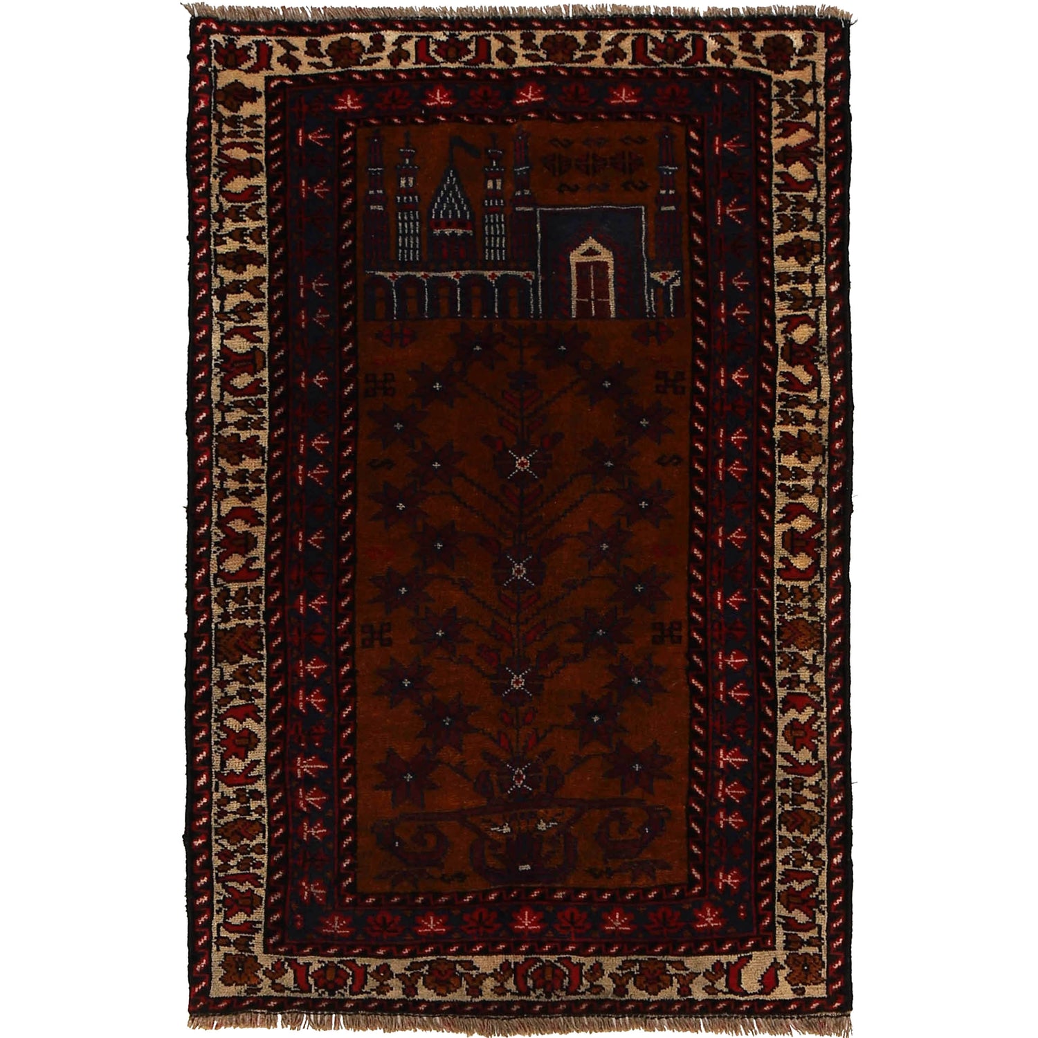 Baluchi Rug Handmade Brown Prayer Design 2x4 ft