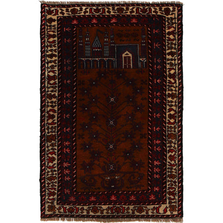Baluchi Rug Handmade Brown Prayer Design 2x4 ft