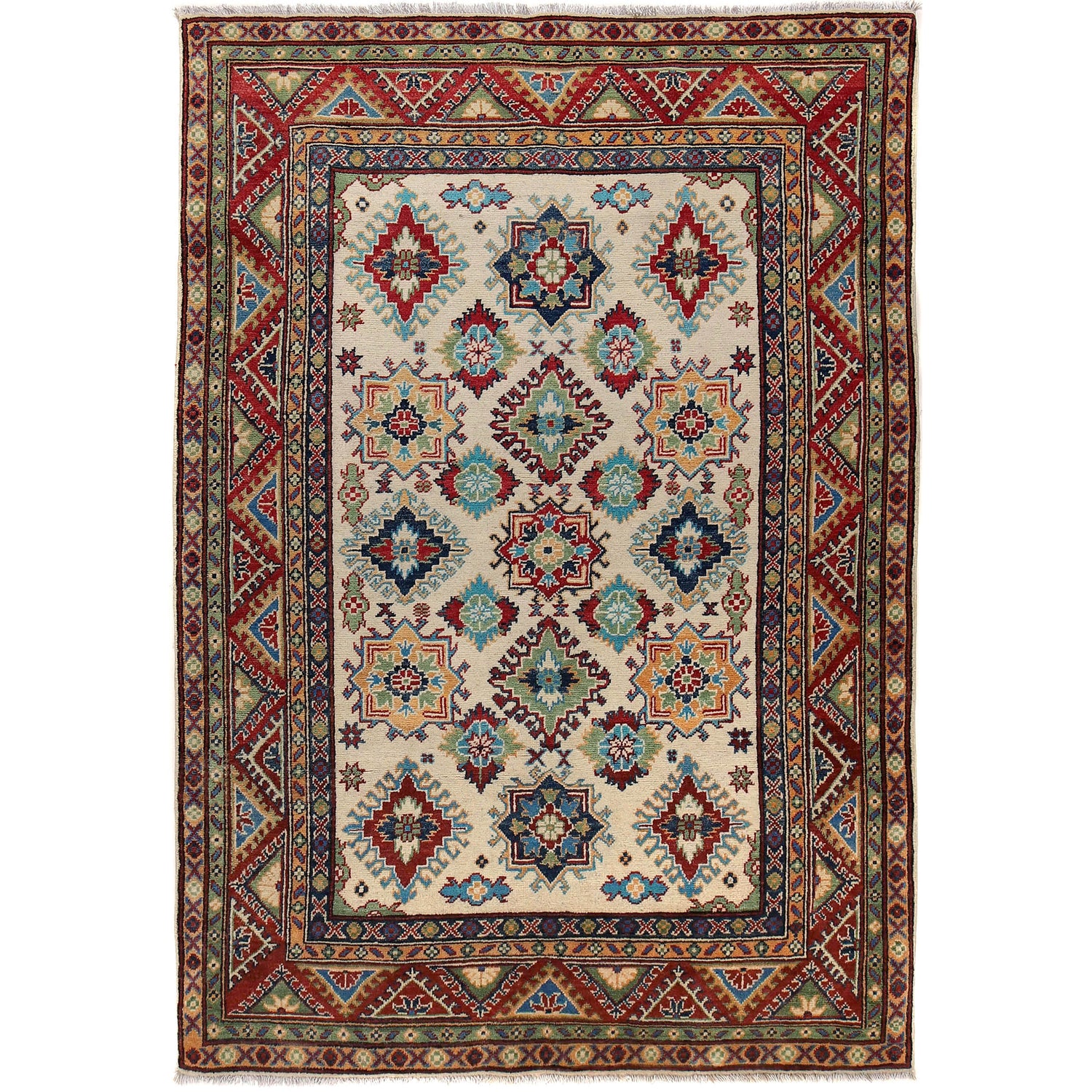 Kazak Rug Handmade Ivory Medallion 4x7 ft