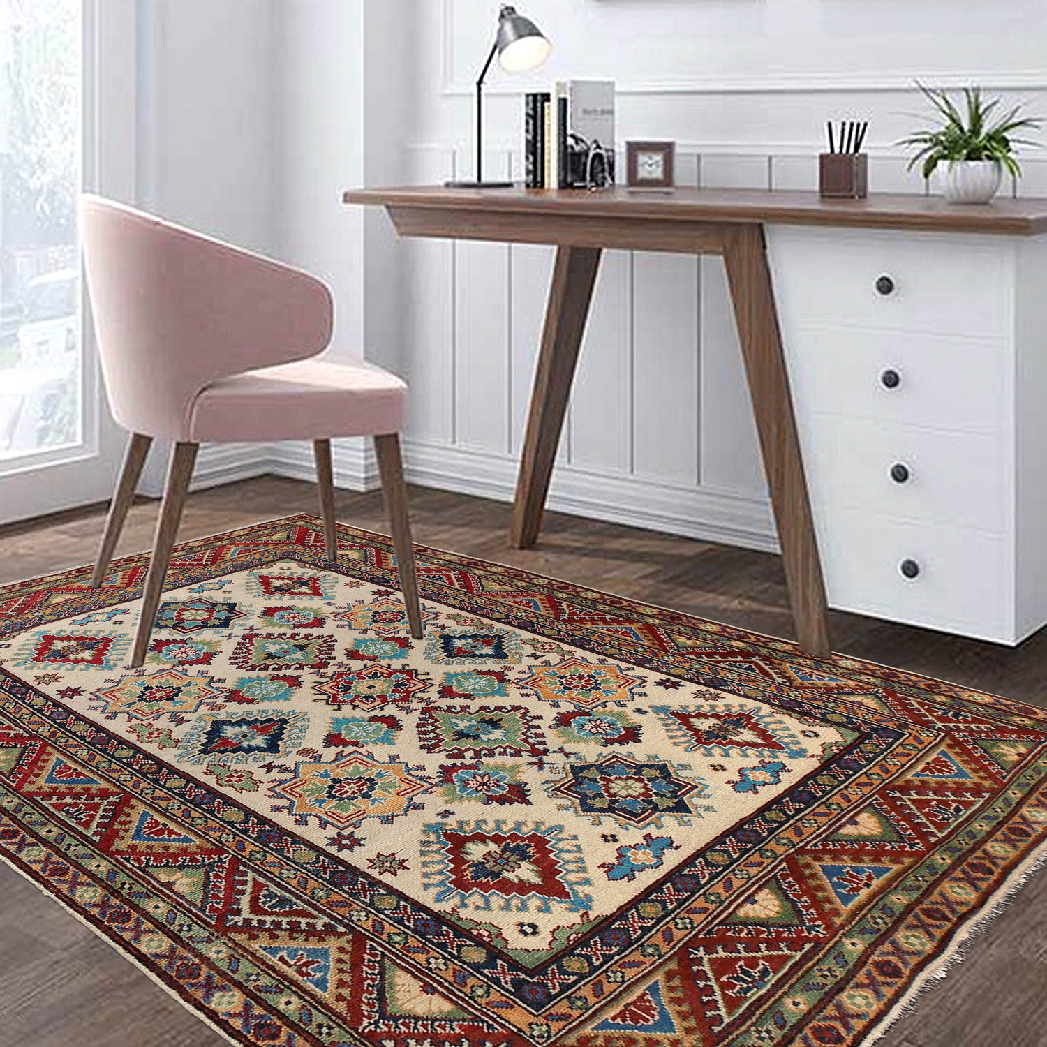 Kazak Rug Handmade Ivory Medallion 4x7 ft