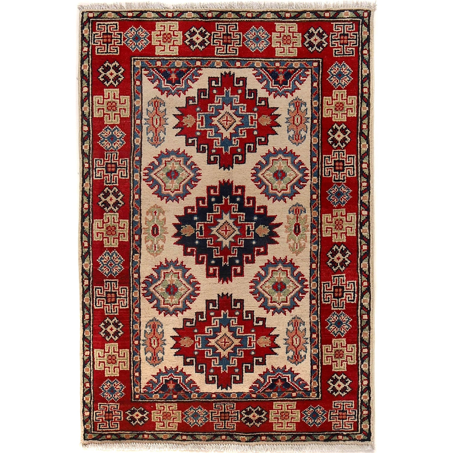 Kazak Rug Handmade Ivory Medallion 2x4 ft