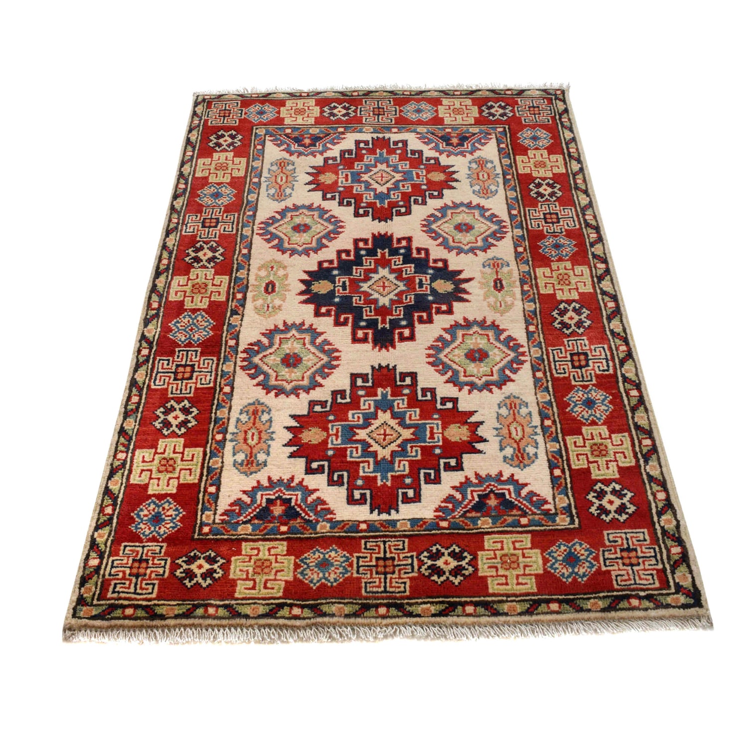 Kazak Rug Handmade Ivory Medallion 2x4 ft