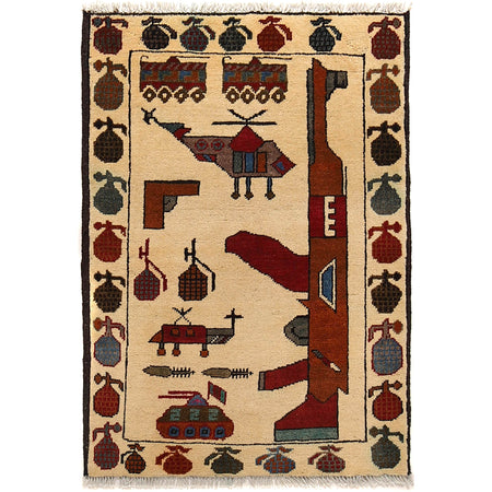 War Area Rug Handmade Beige Rifle 2 x 3 ft