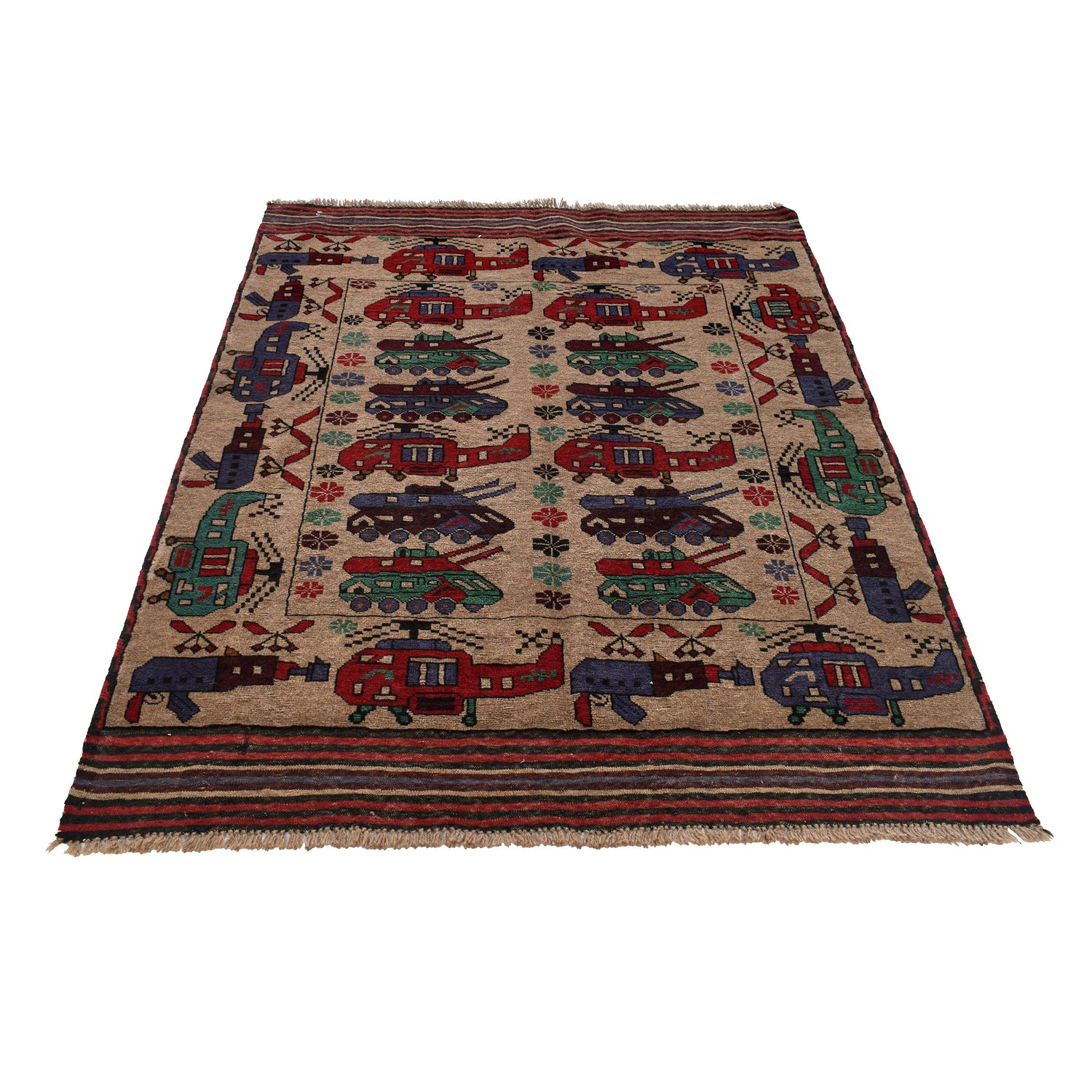 War Area Rug Handmade Brown Tank + Helicopter 4x6 ft