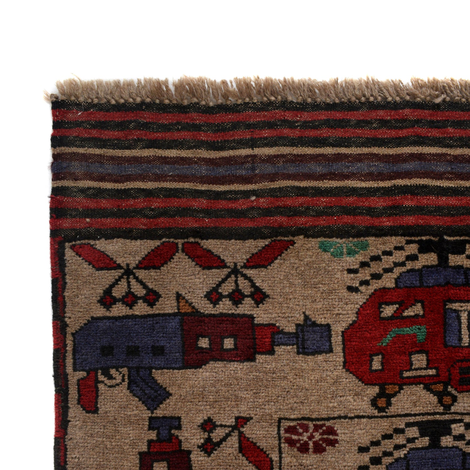 War Area Rug Handmade Brown Tank + Helicopter 4x6 ft