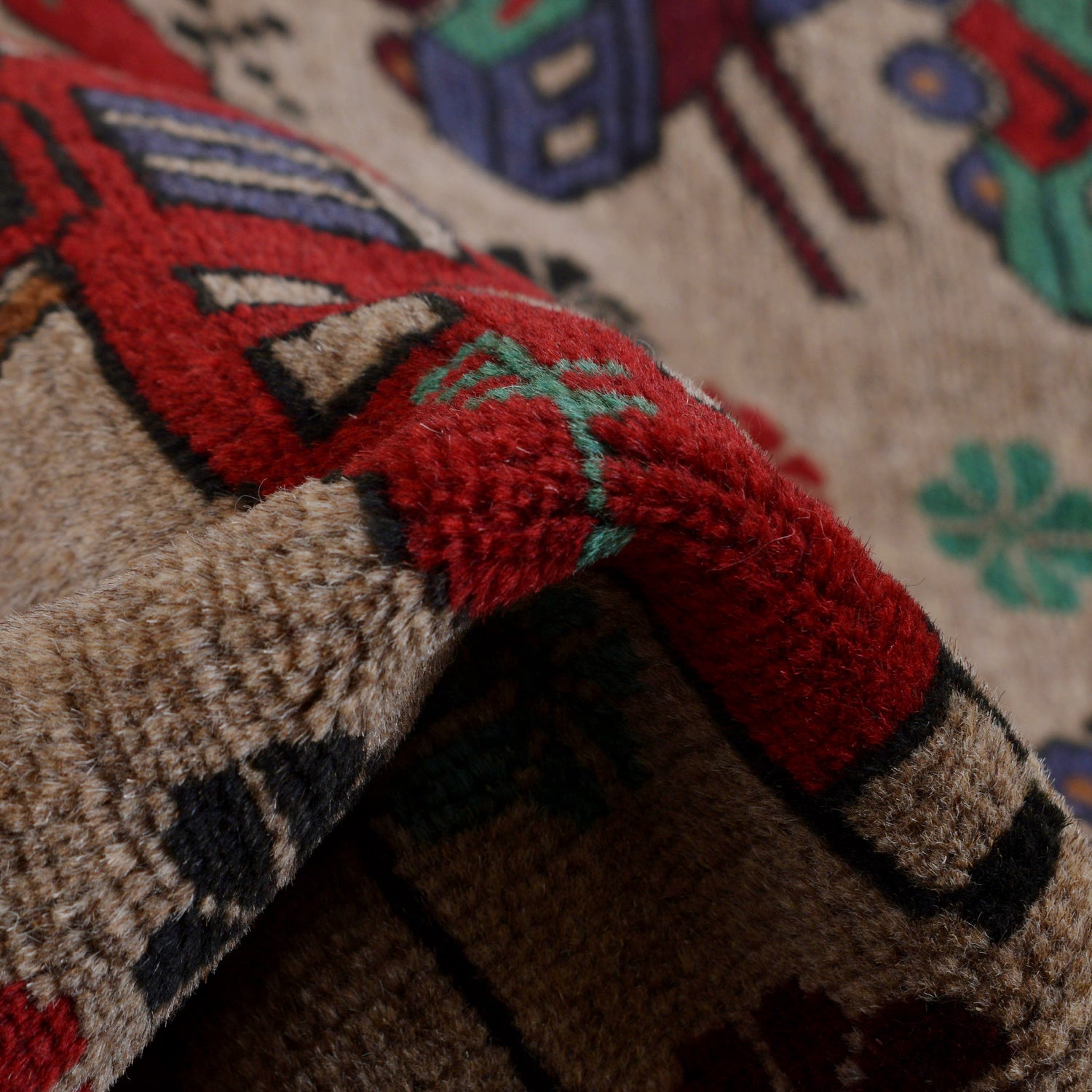 War Area Rug Handmade Brown Tank + Helicopter 4x6 ft