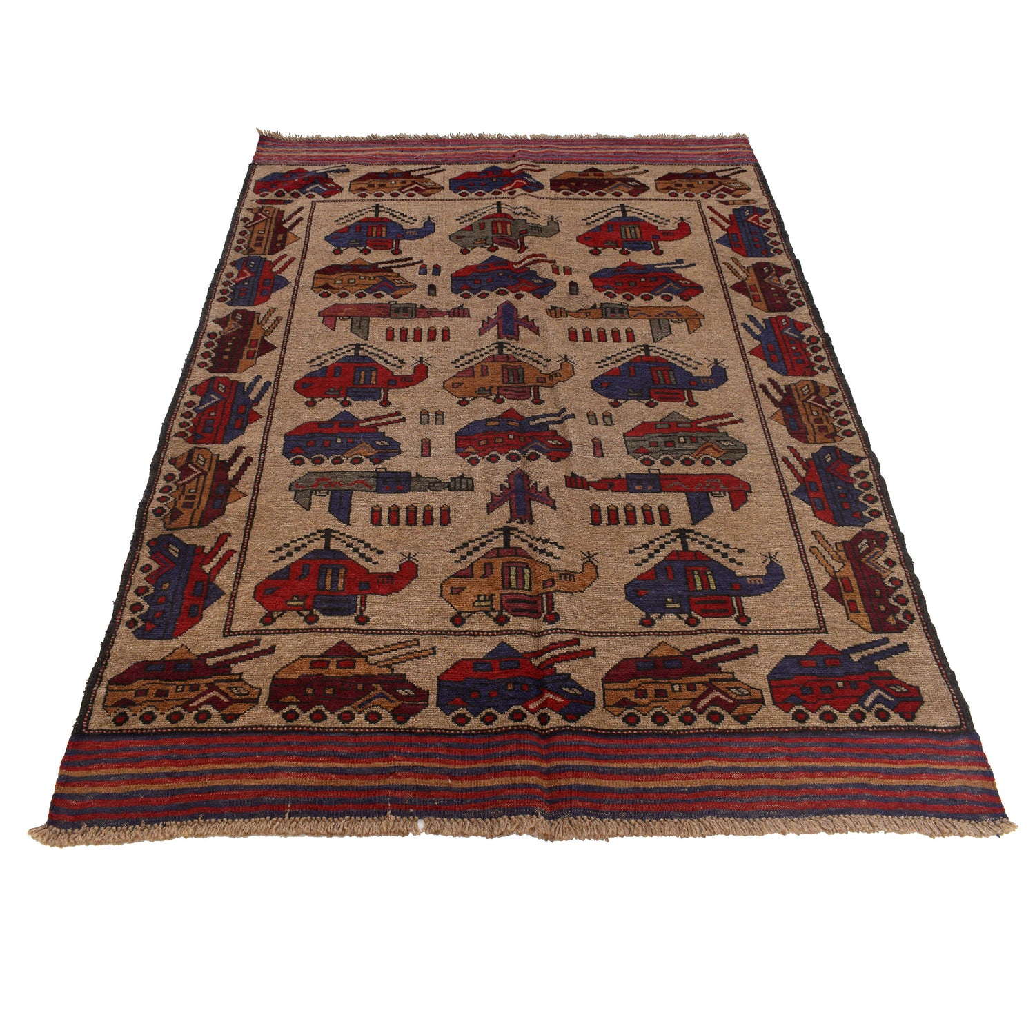 War Area Rug Handmade Brown Tank + Helicopter 4x6 ft