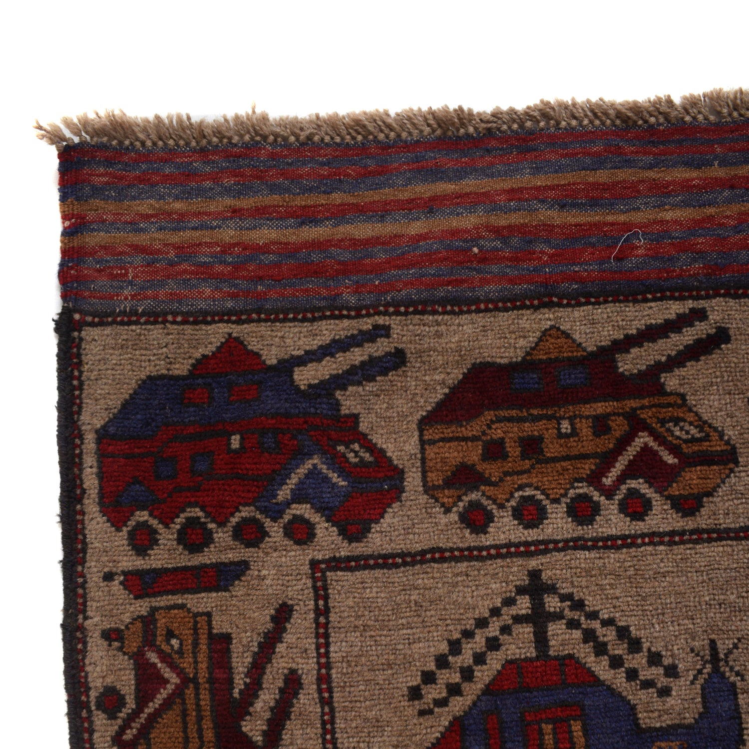 War Area Rug Handmade Brown Tank + Helicopter 4x6 ft