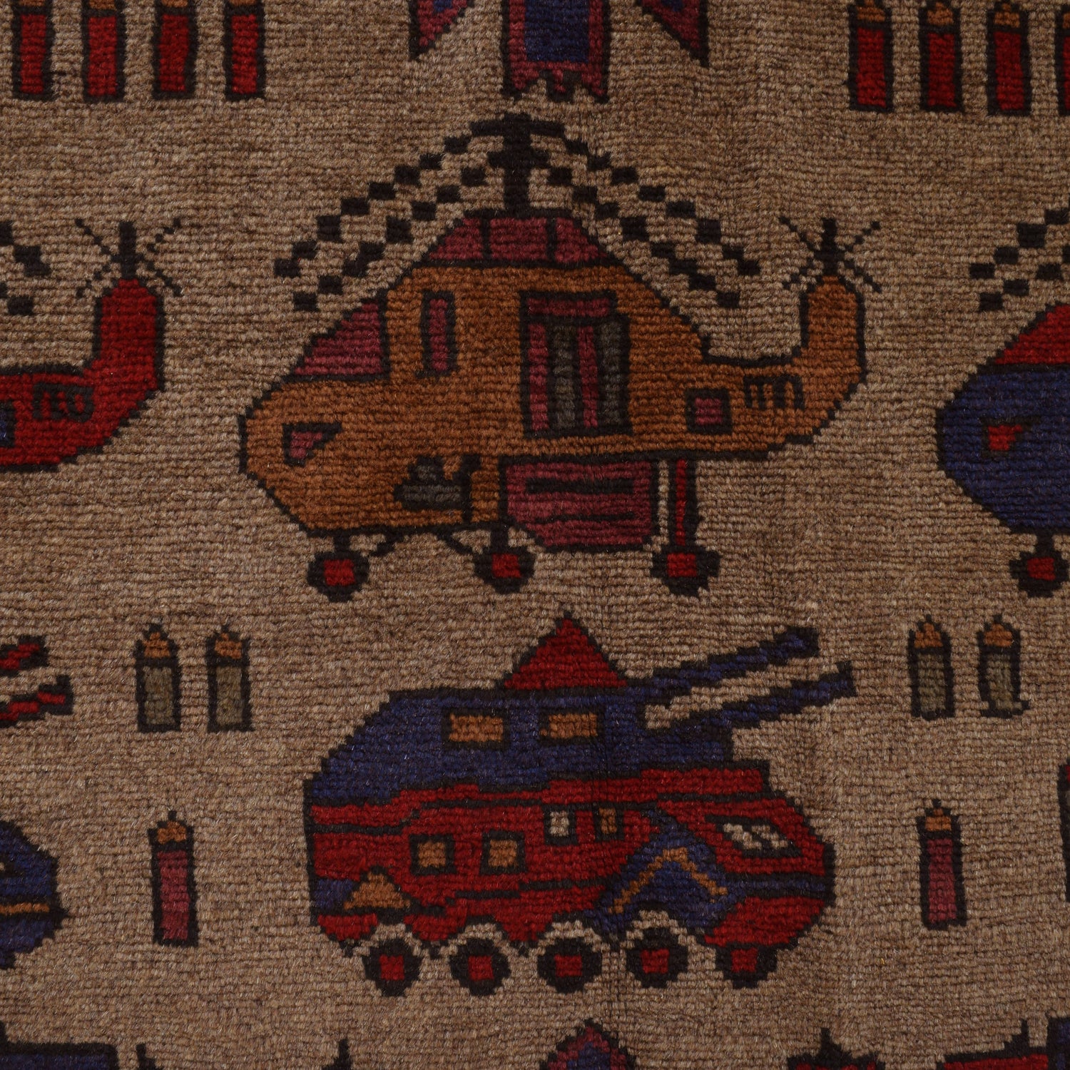 War Area Rug Handmade Brown Tank + Helicopter 4x6 ft