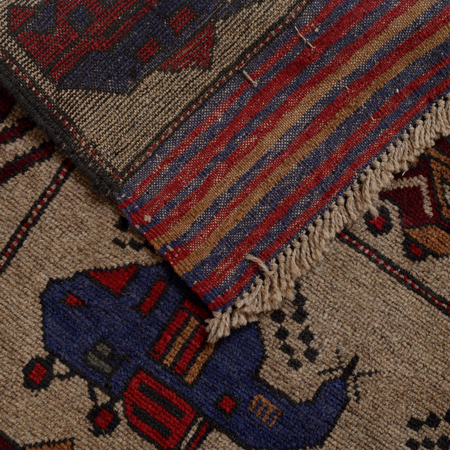 War Area Rug Handmade Brown Tank + Helicopter 4x6 ft