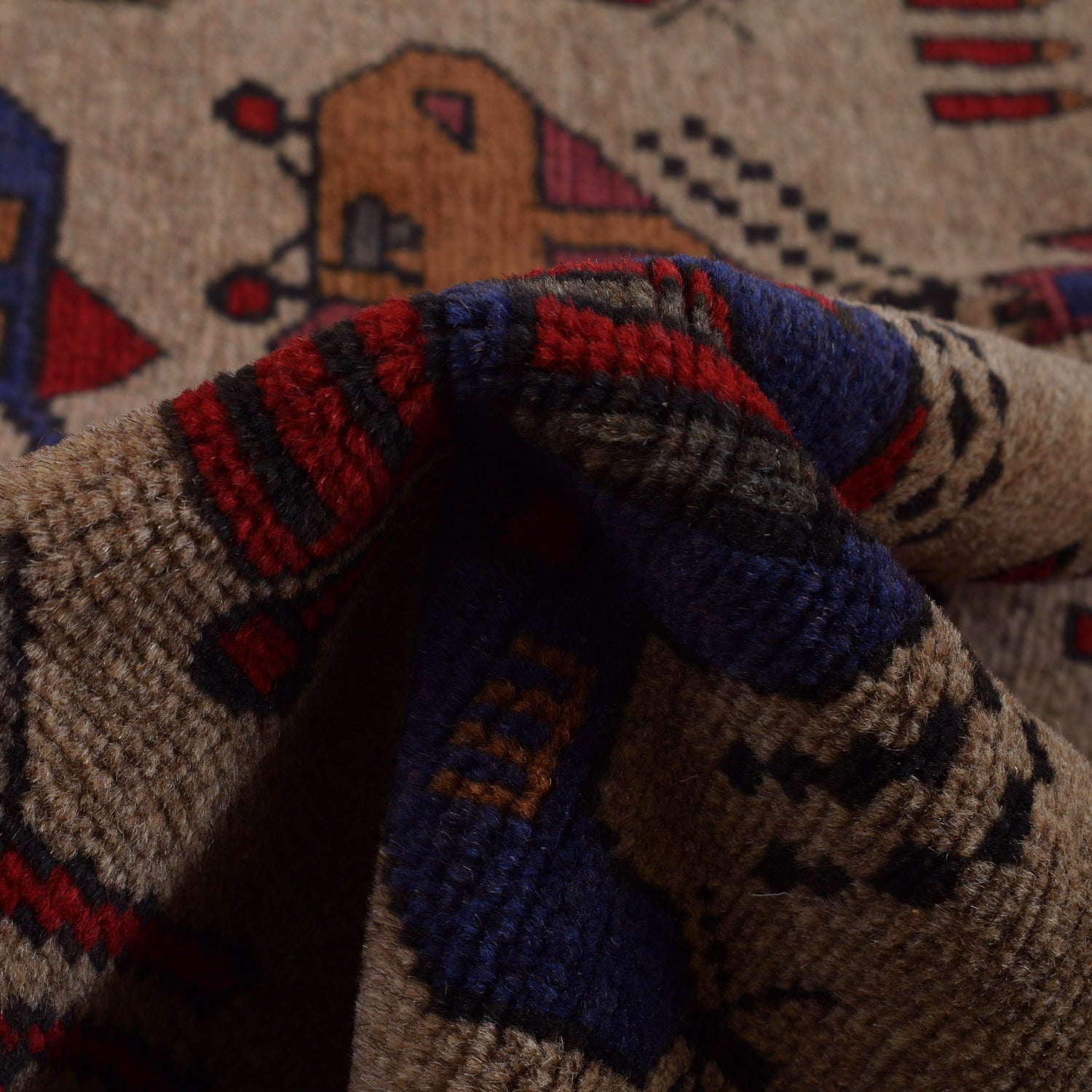 War Area Rug Handmade Brown Tank + Helicopter 4x6 ft