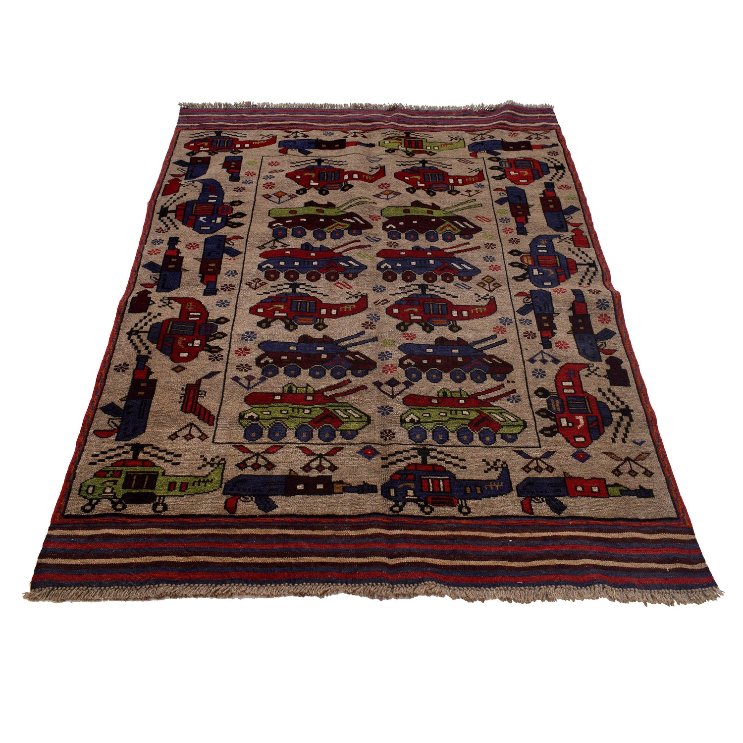 War Area Rug Handmade Brown Tank + Helicopter 4x6 ft