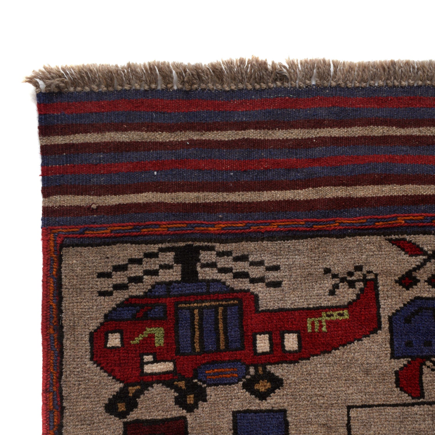 War Area Rug Handmade Brown Tank + Helicopter 4x6 ft