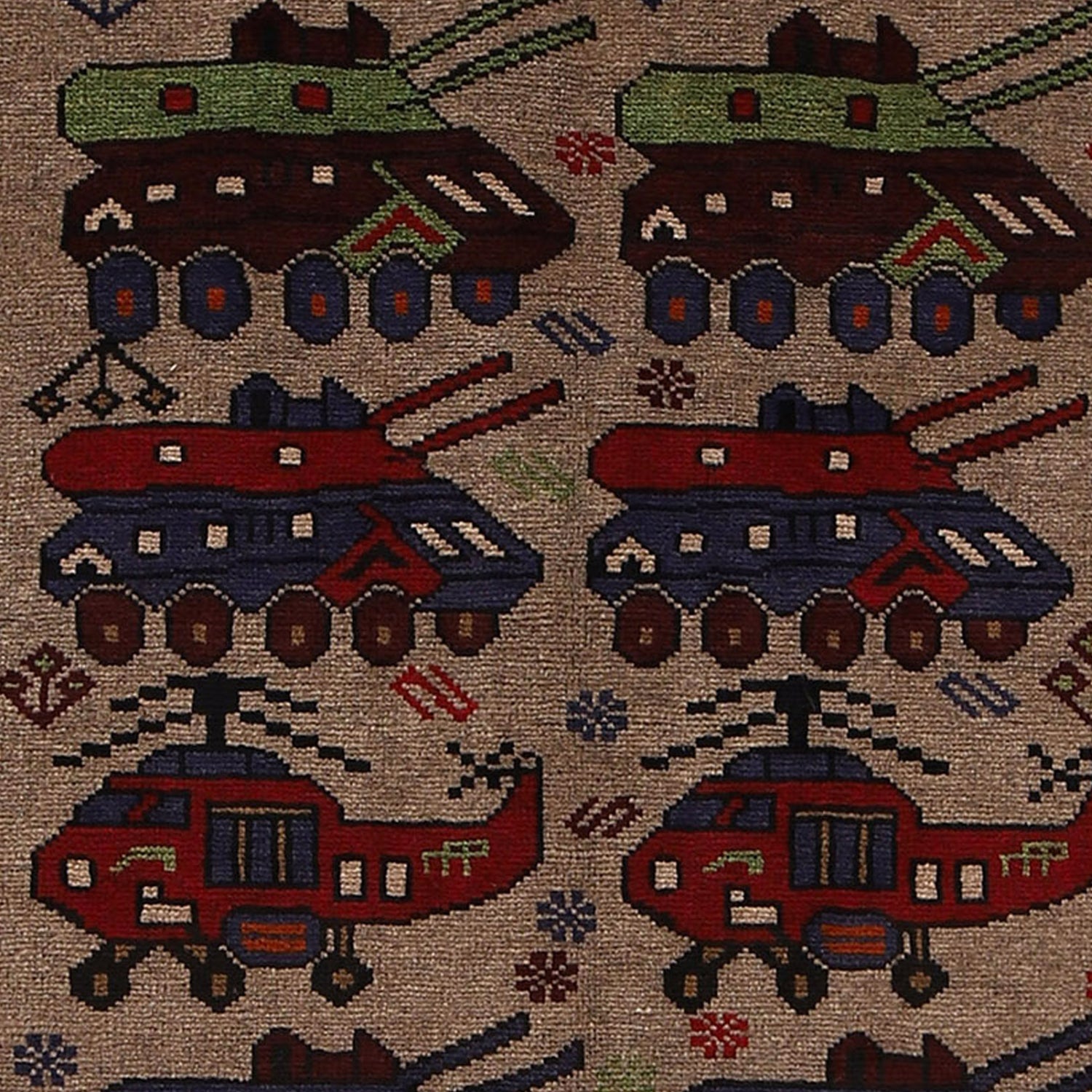 War Area Rug Handmade Brown Tank + Helicopter 4x6 ft