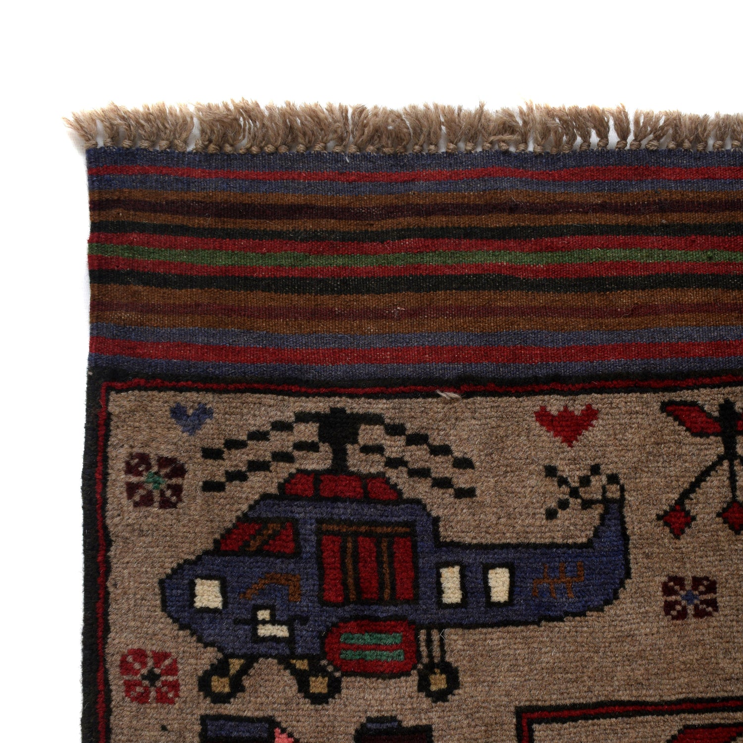 War Area Rug Handmade Brown Tank + Helicopter 4x6 ft