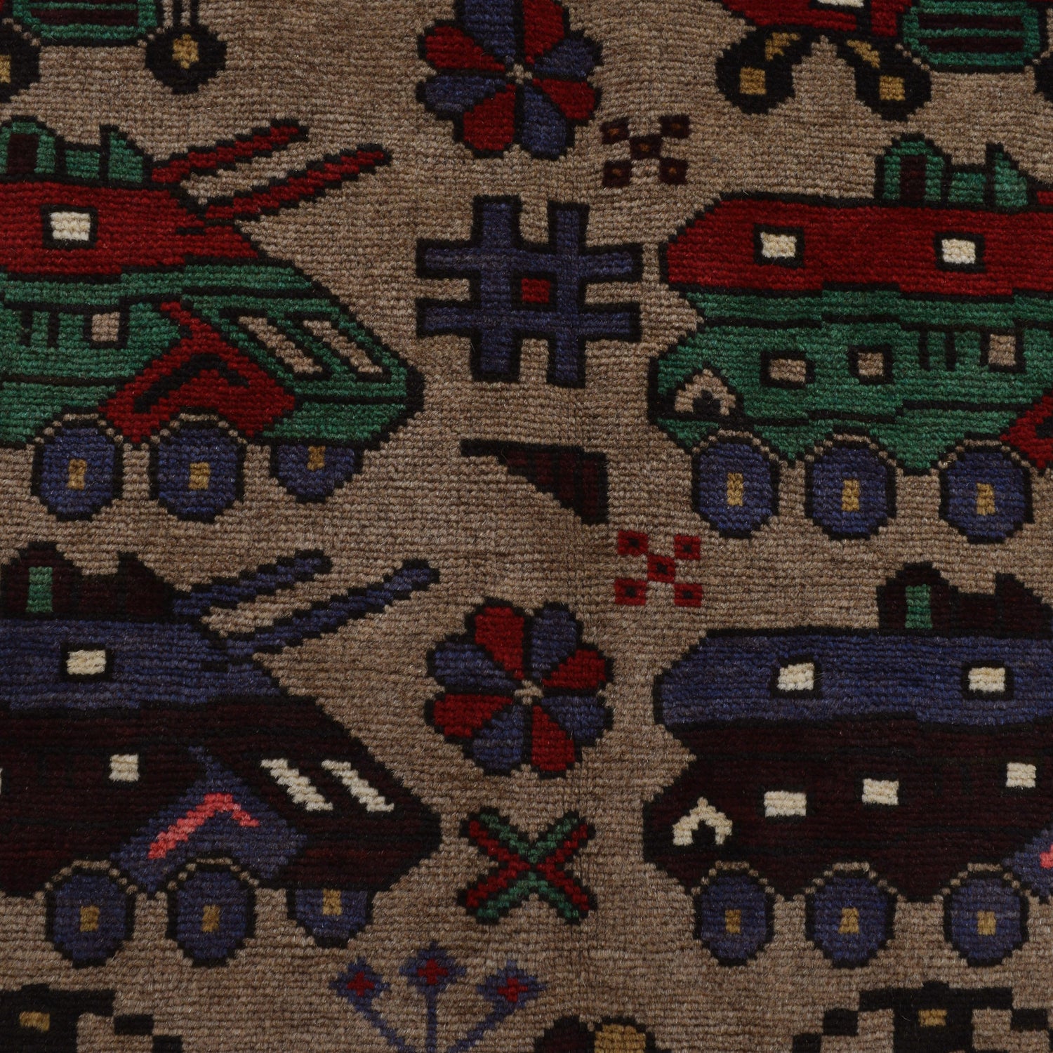 War Area Rug Handmade Brown Tank + Helicopter 4x6 ft