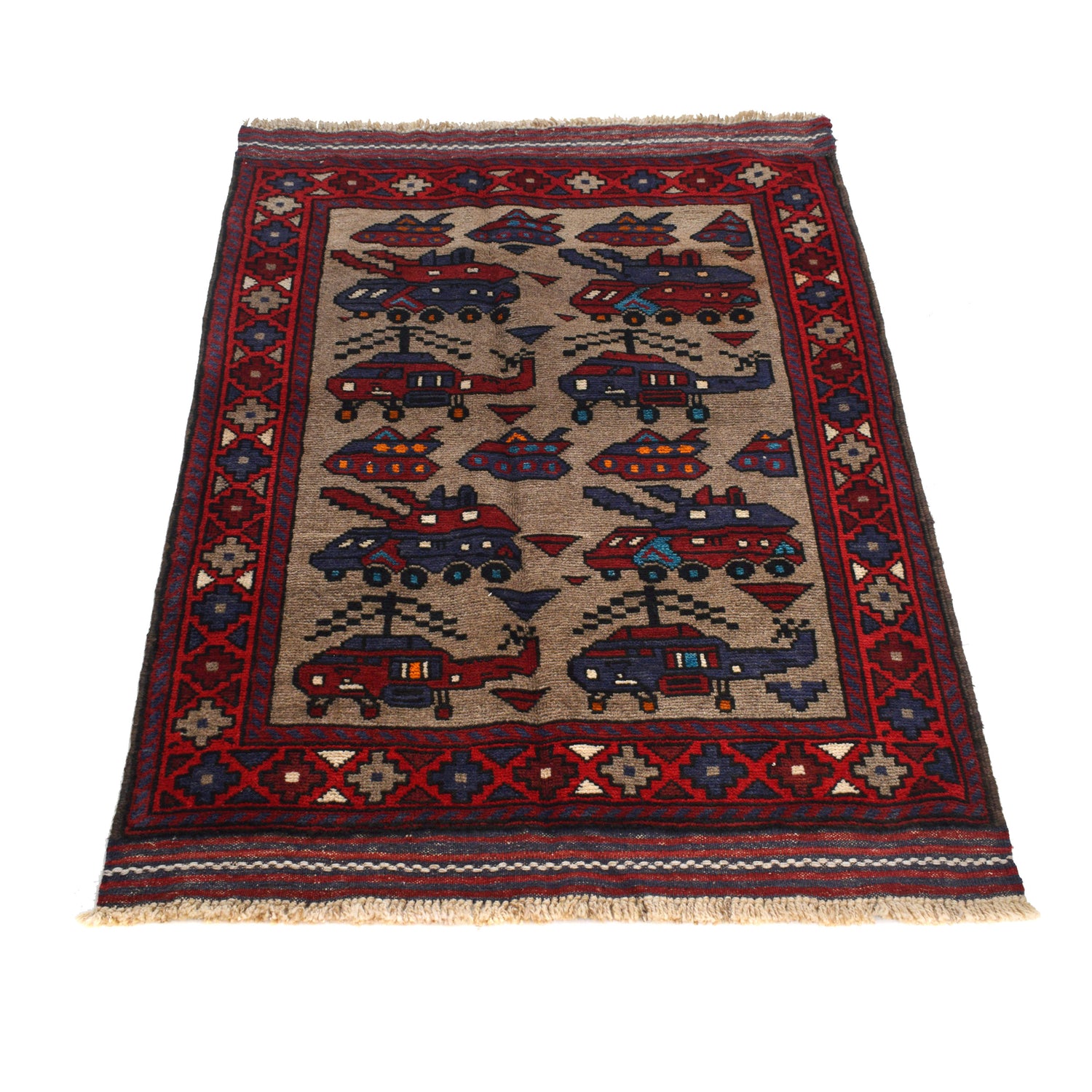 War Area Rug Handmade Brown Tank + Helicopter 3x5 ft