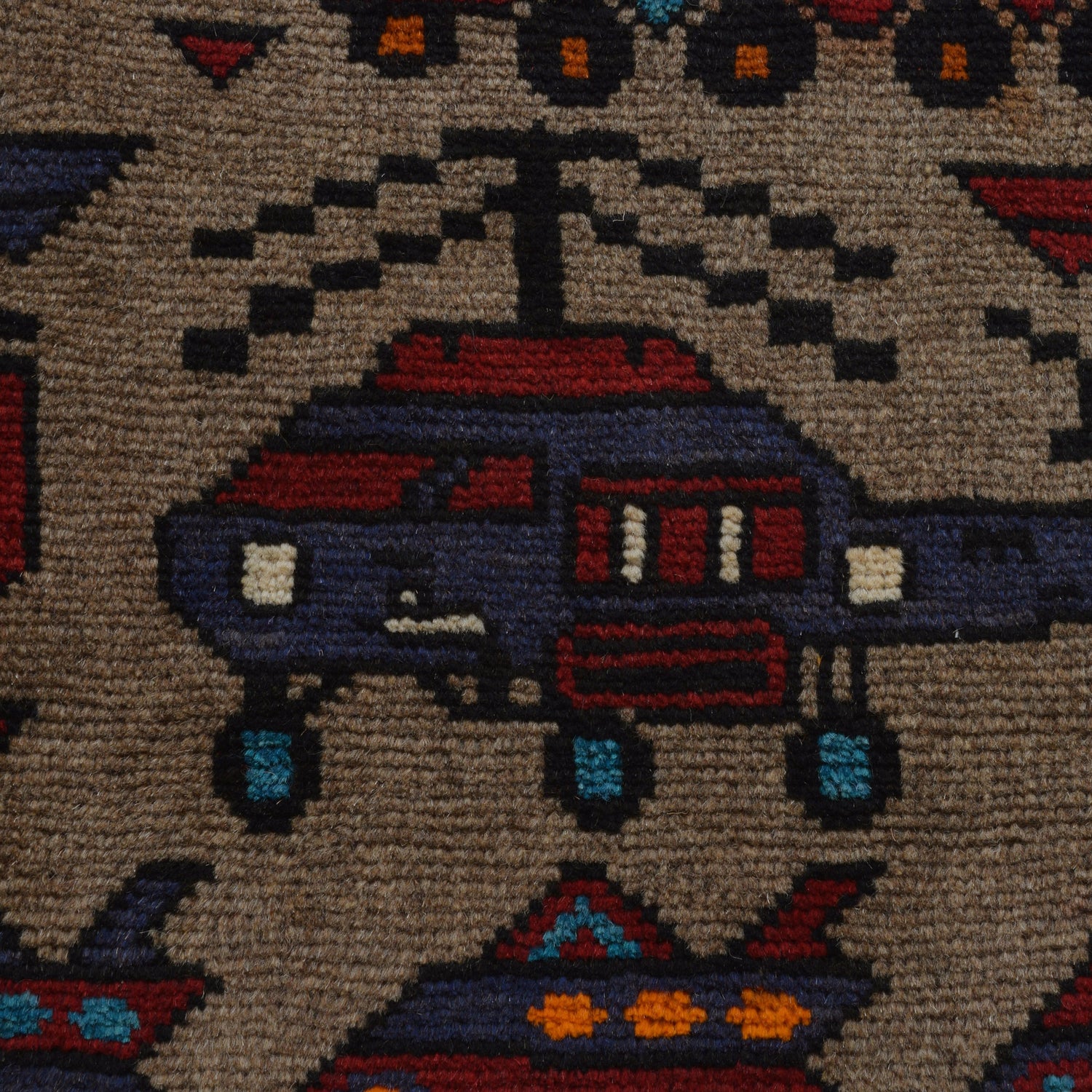 War Area Rug Handmade Brown Tank + Helicopter 3x5 ft