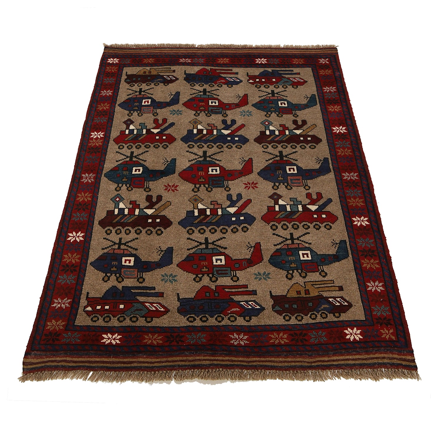 War Area Rug Handmade Brown Tank + Helicopter 3x5 ft