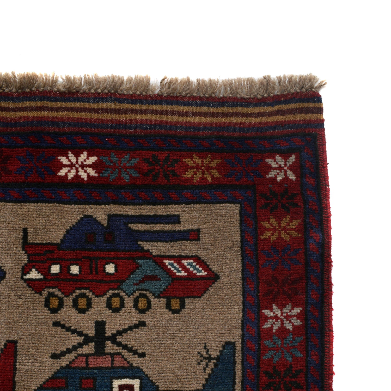 War Area Rug Handmade Brown Tank + Helicopter 3x5 ft
