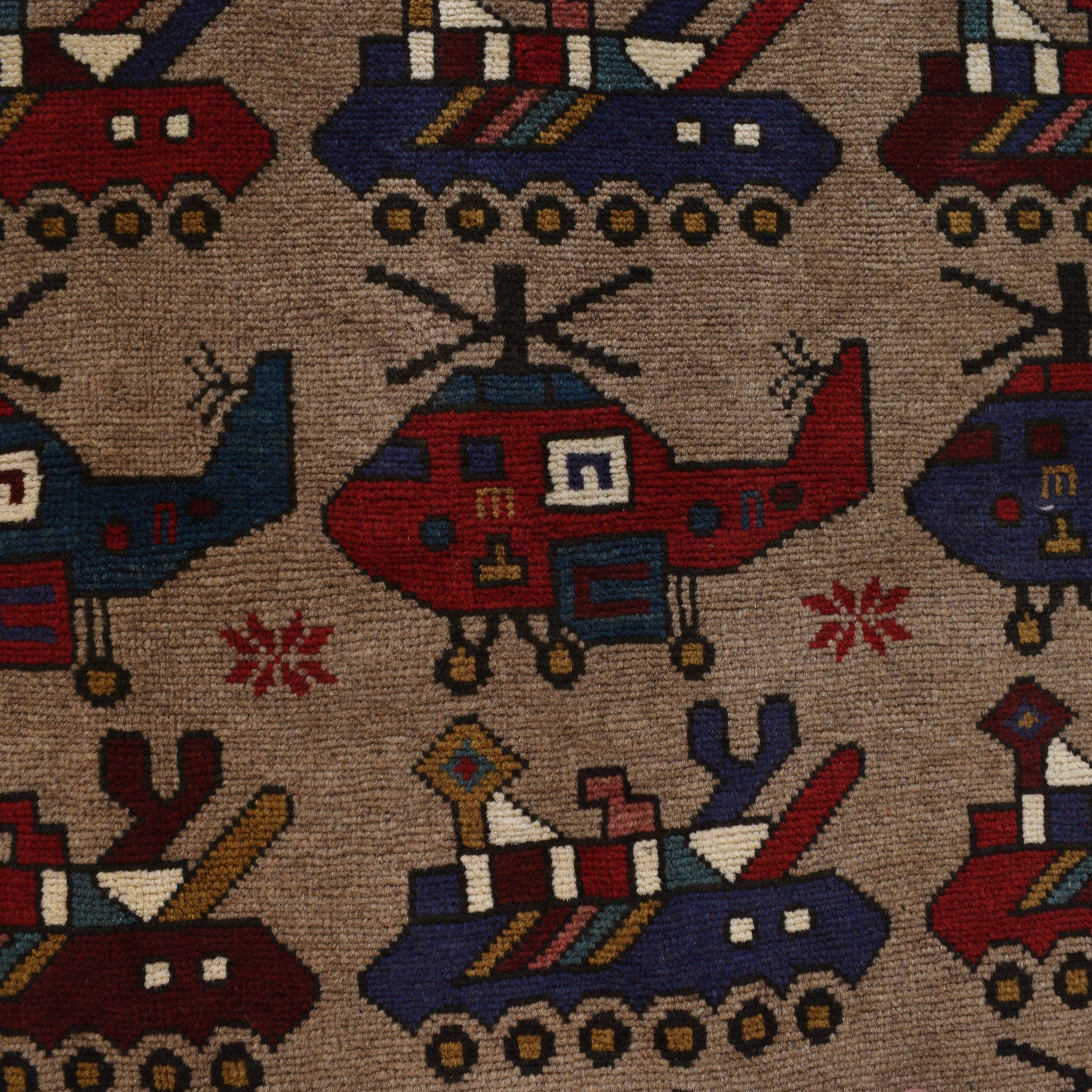 War Area Rug Handmade Brown Tank + Helicopter 3x5 ft
