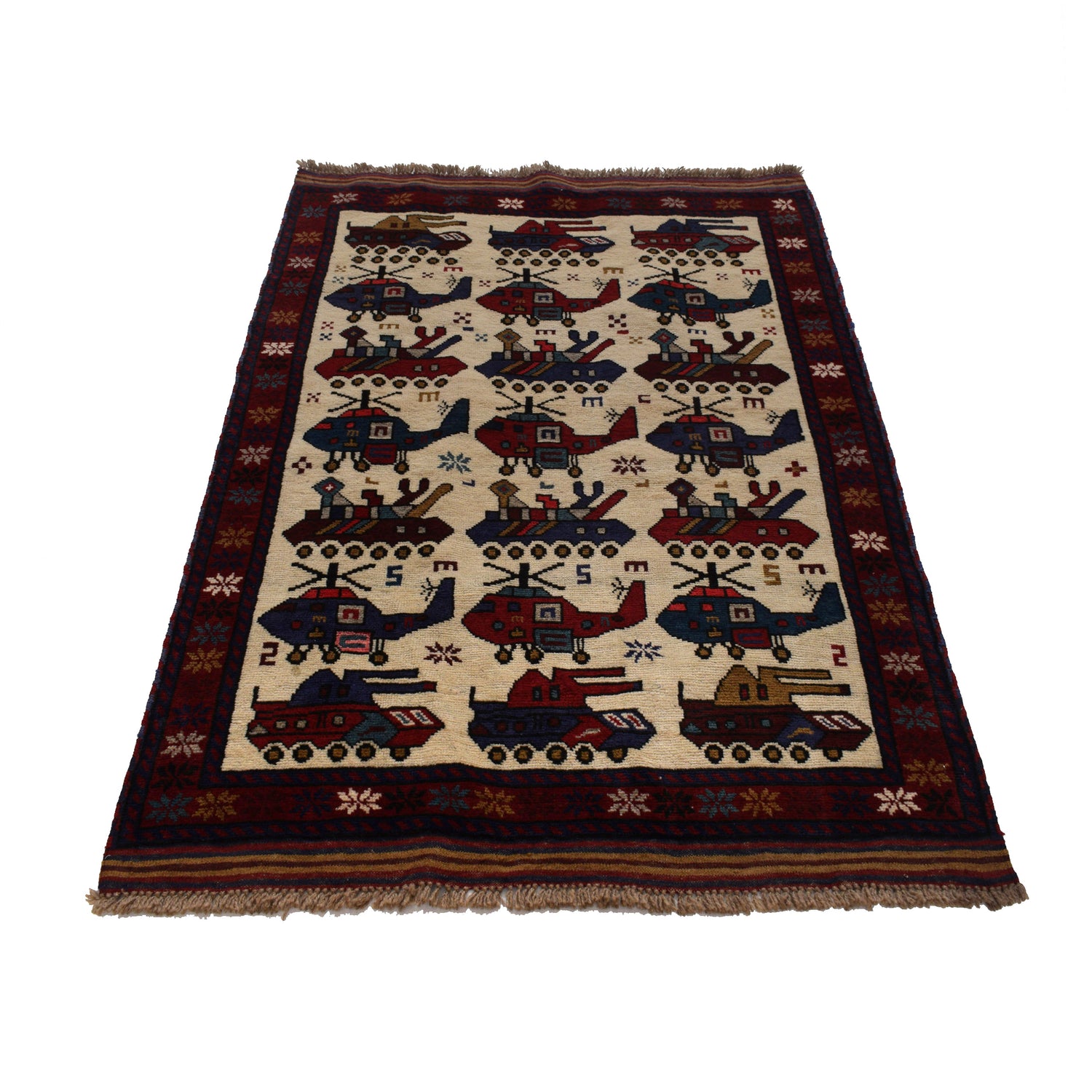 War Area Rug Handmade Ivory Tank + Helicopter 3x5 ft