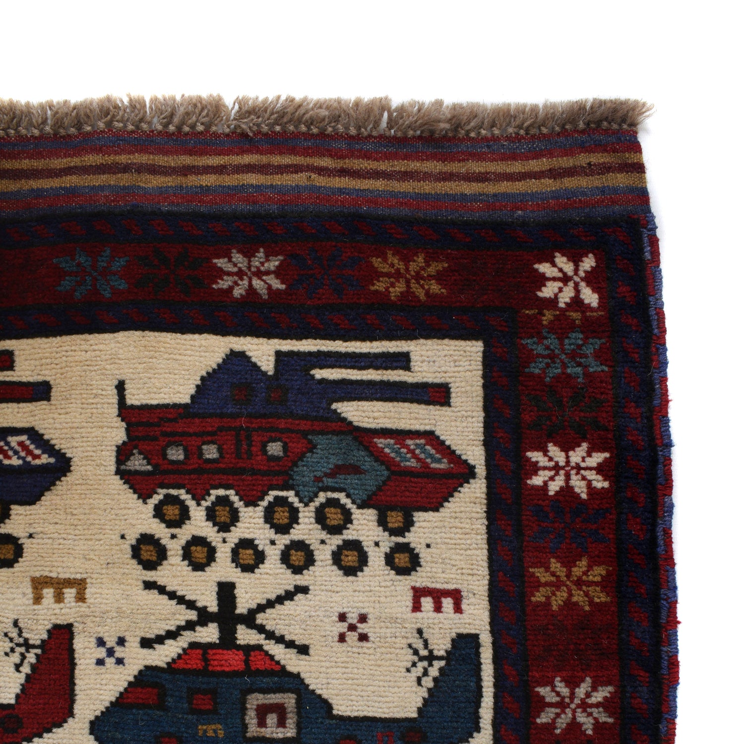 War Area Rug Handmade Ivory Tank + Helicopter 3x5 ft