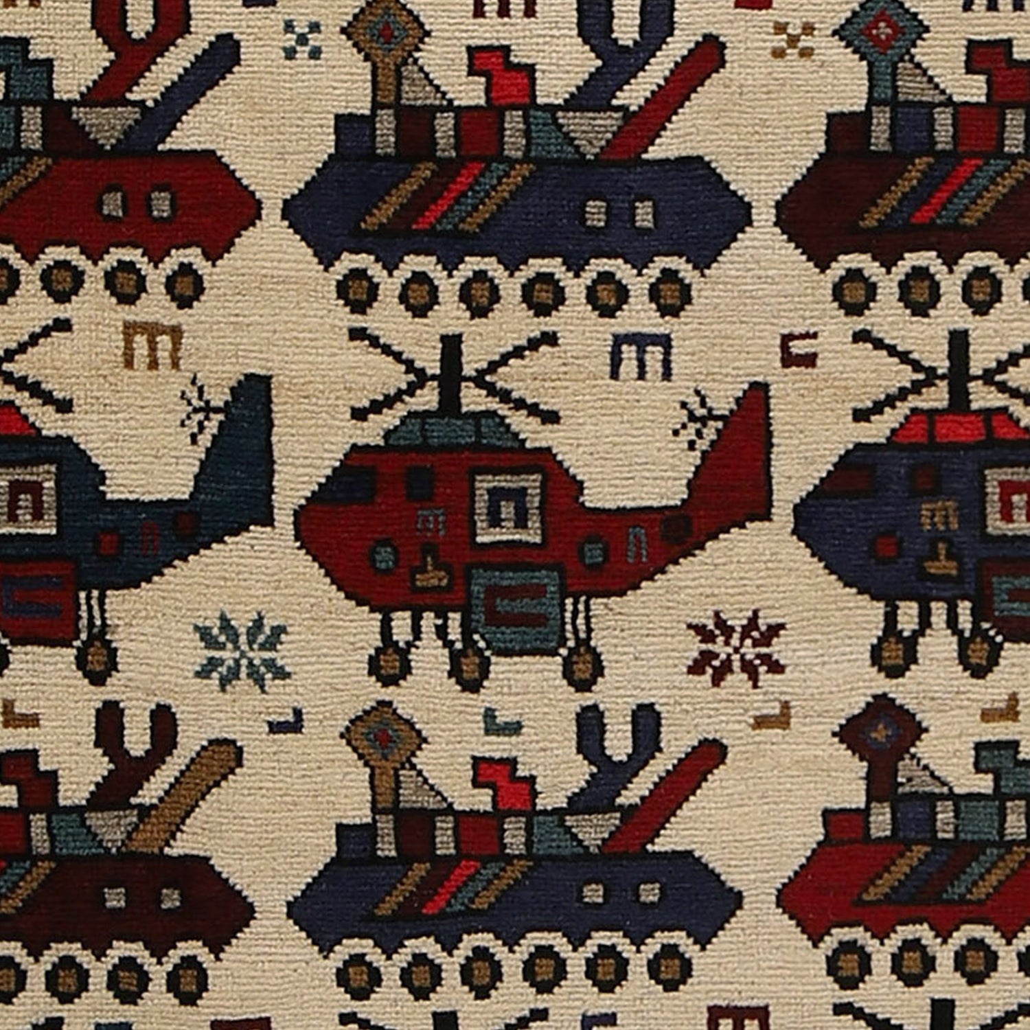 War Area Rug Handmade Ivory Tank + Helicopter 3x5 ft