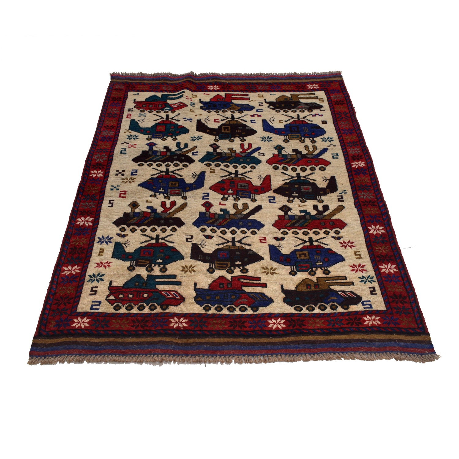 War Area Rug Handmade Ivory Tank + Helicopter 3x5 ft