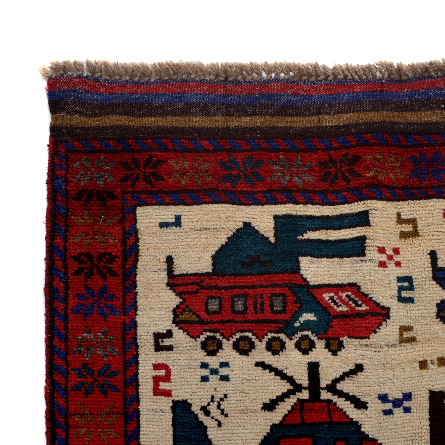 War Area Rug Handmade Ivory Tank + Helicopter 3x5 ft