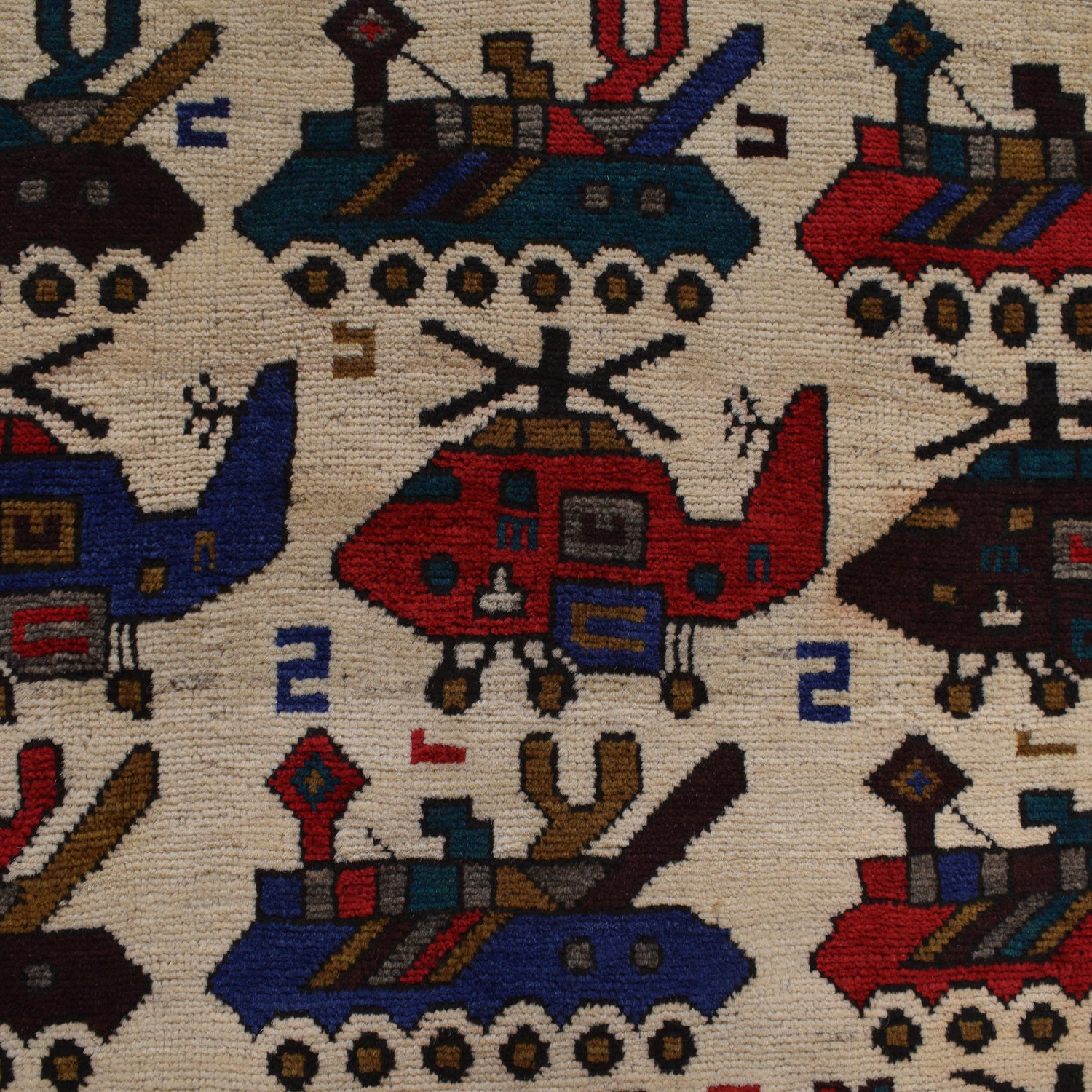 War Area Rug Handmade Ivory Tank + Helicopter 3x5 ft