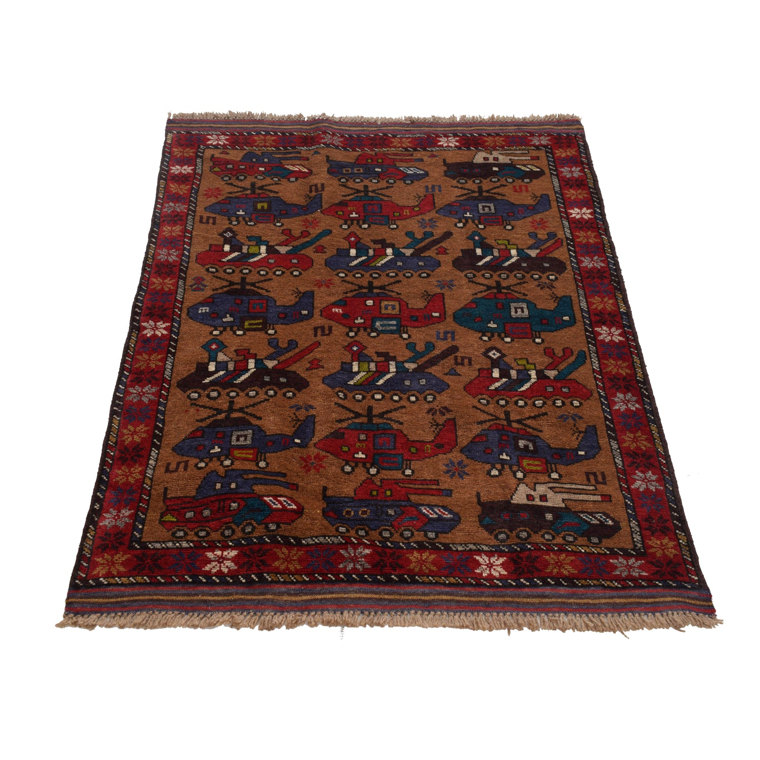 War Area Rug Handmade Brown Tank + Helicopter 2x4 ft