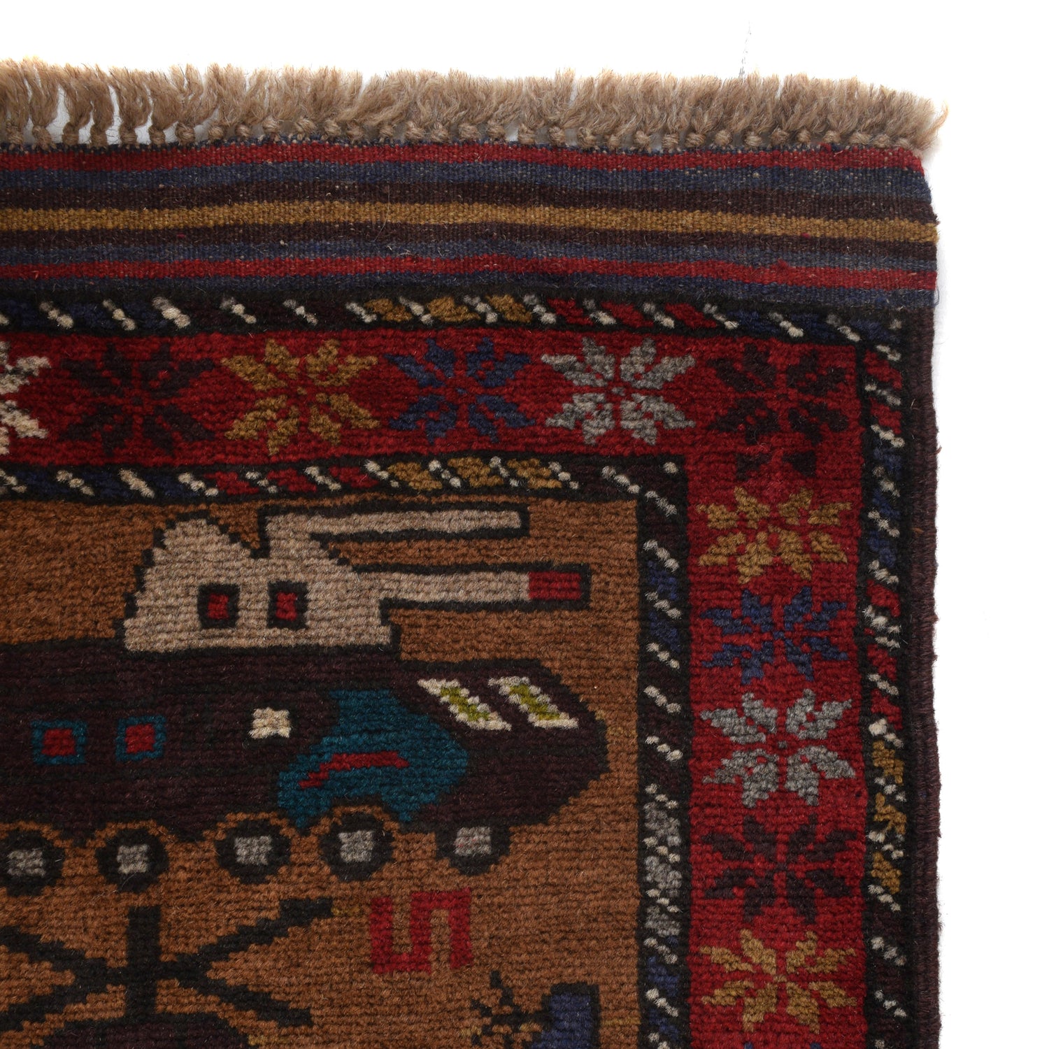 War Area Rug Handmade Brown Tank + Helicopter 2x4 ft