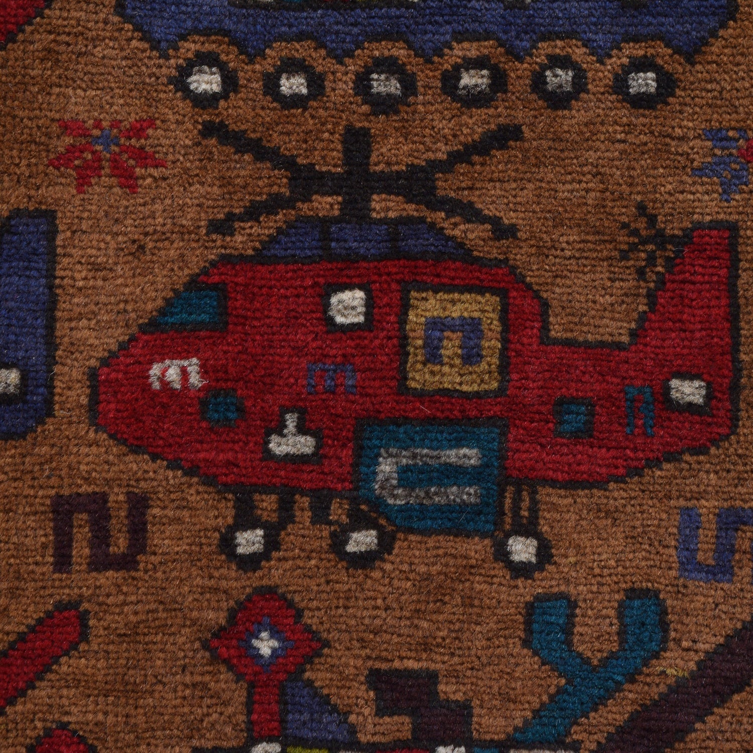 War Area Rug Handmade Brown Tank + Helicopter 2x4 ft