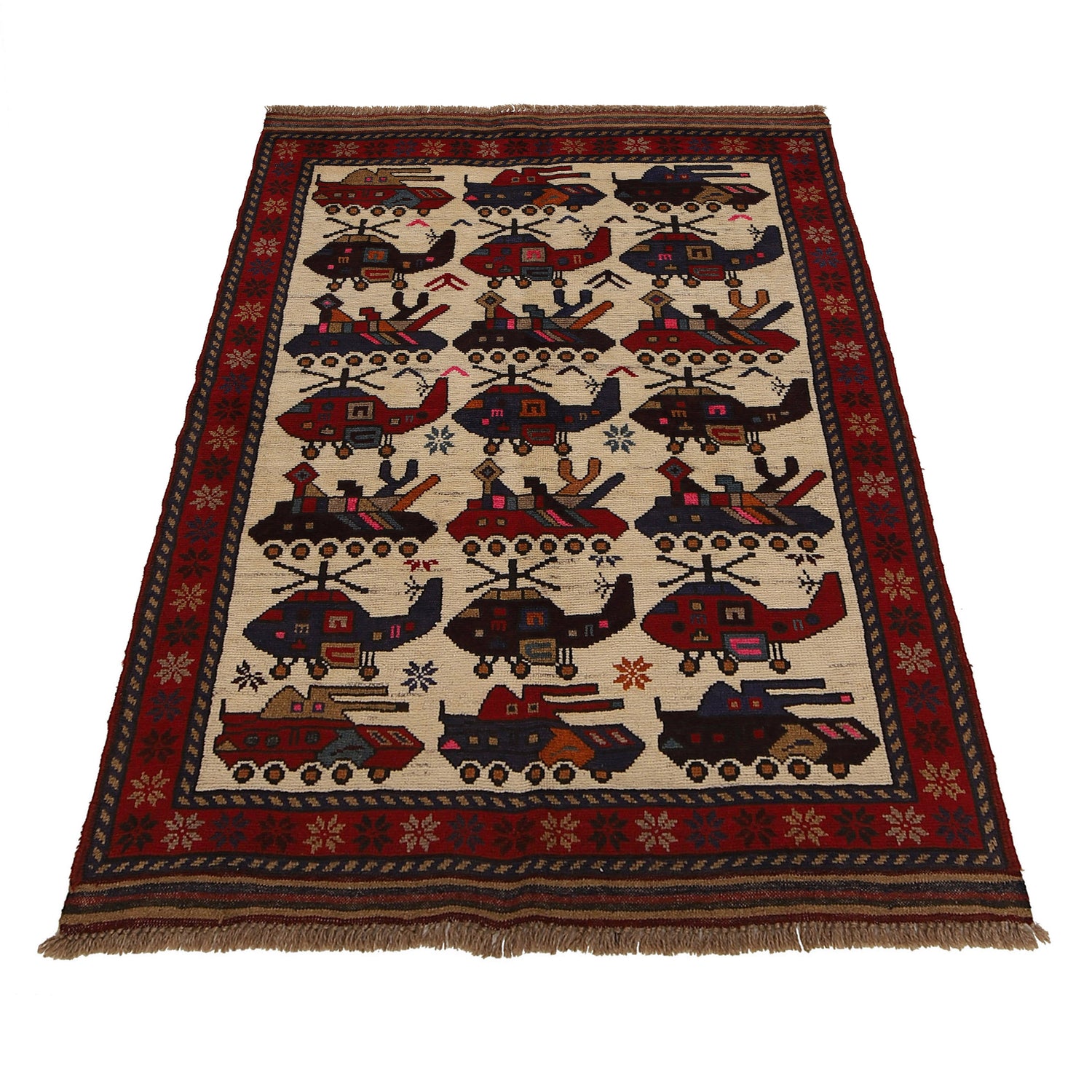 War Area Rug Handmade Ivory Tank + Helicopter 3x5 ft