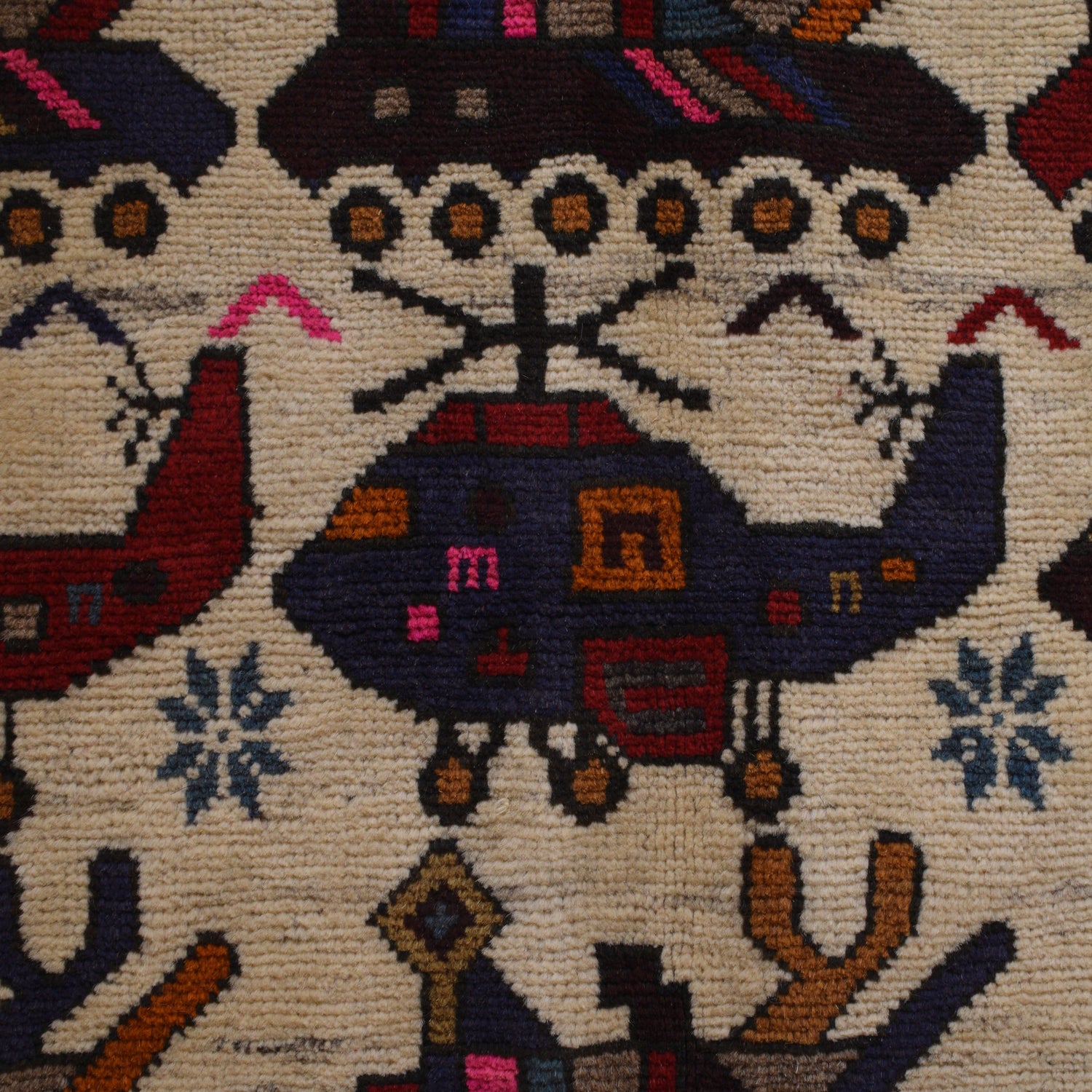 War Area Rug Handmade Ivory Tank + Helicopter 3x5 ft