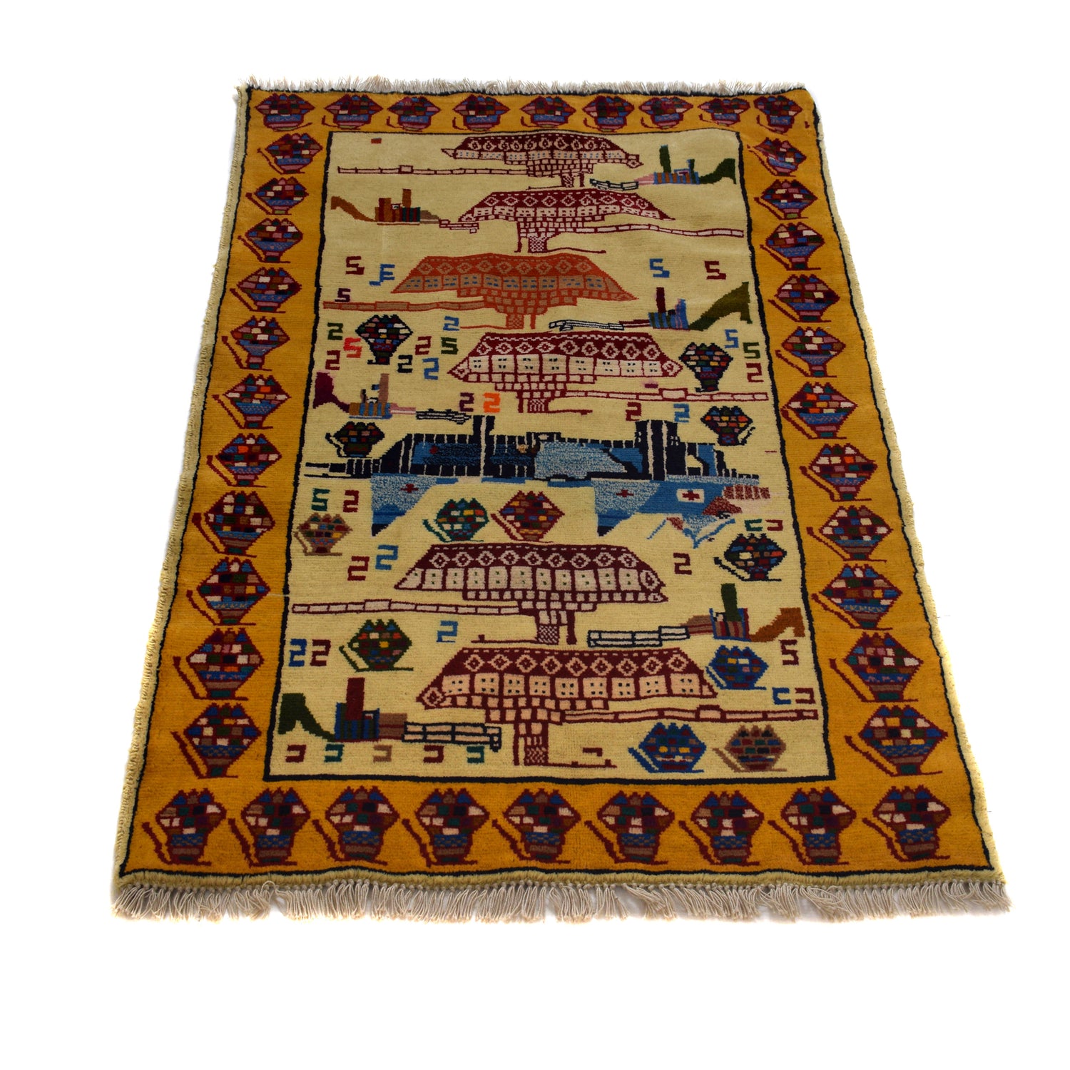 War Area Rug Handmade Ivory Tank + Riffle 3x5 ft
