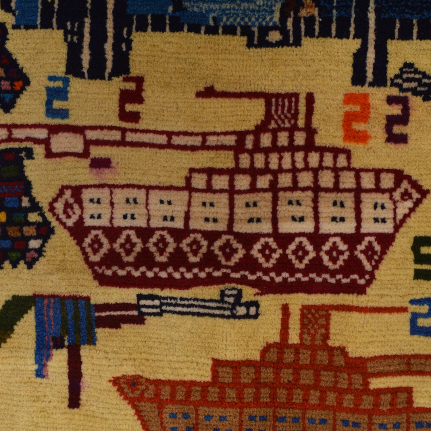 War Area Rug Handmade Ivory Tank + Riffle 3x5 ft