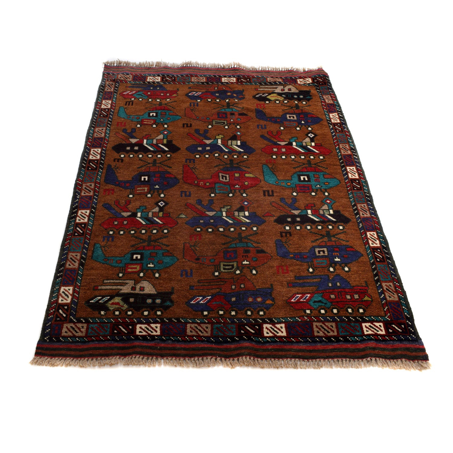 War Area Rug Handmade Brown Tank + Helicopter 3x5 ft
