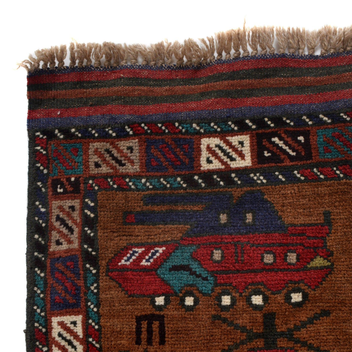 War Area Rug Handmade Brown Tank + Helicopter 3x5 ft
