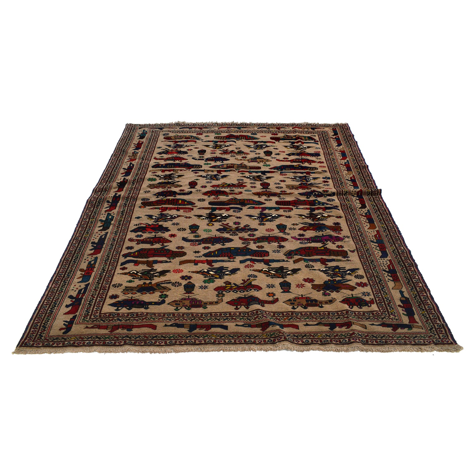 War Area Rug Handmade Brown Tank + Riffle + Helicopter 7x10