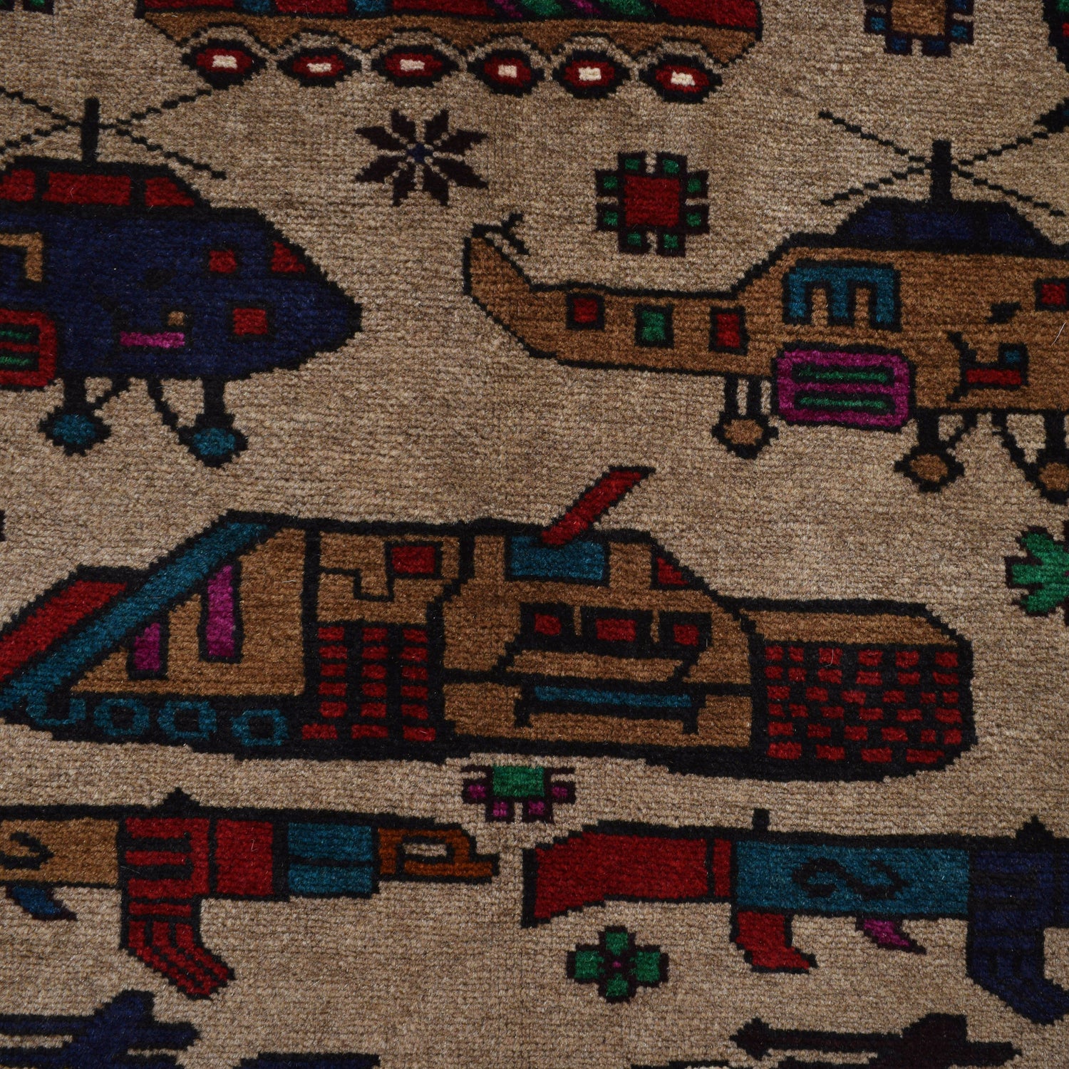 War Area Rug Handmade Brown Tank + Riffle + Helicopter 7x10