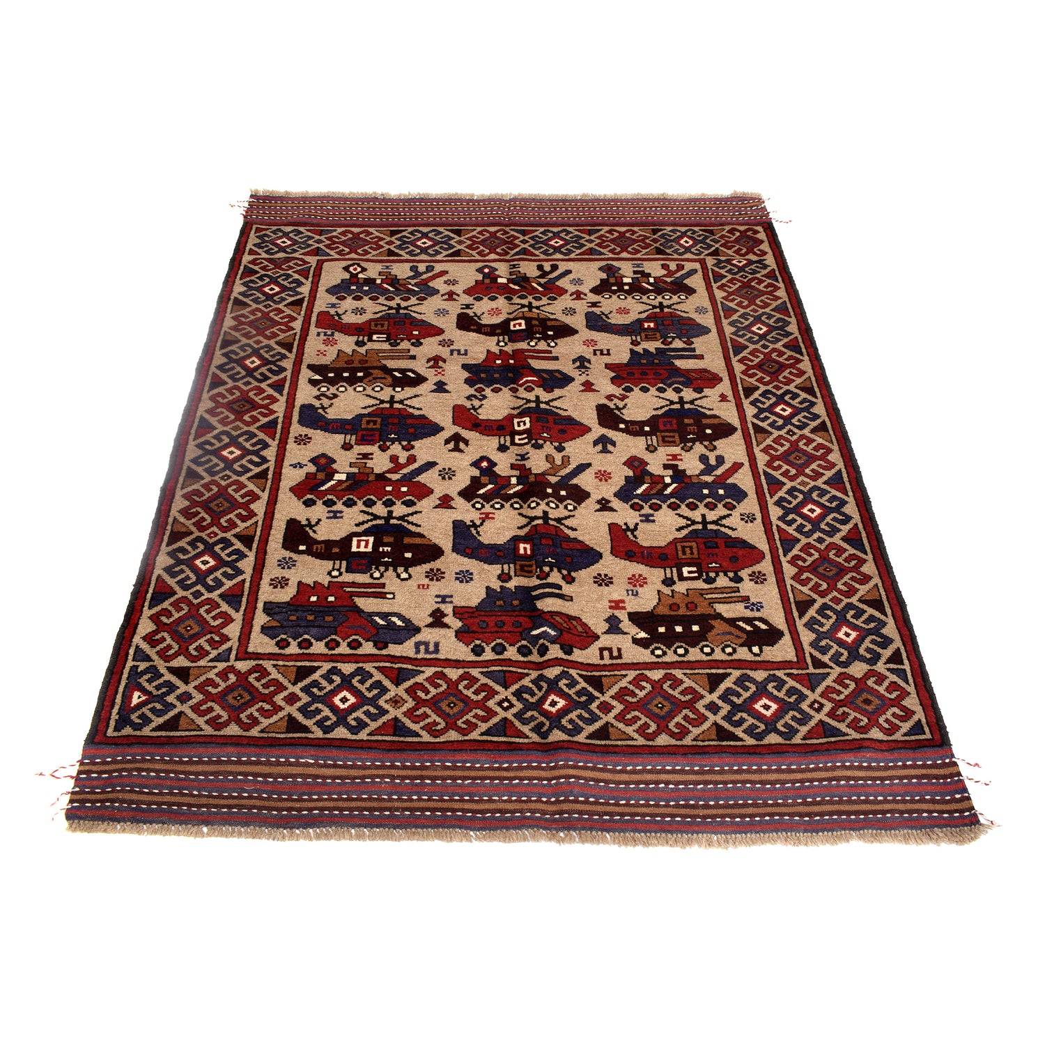 War Area Rug Handmade Brown Tank + Helicopter 4x6 ft