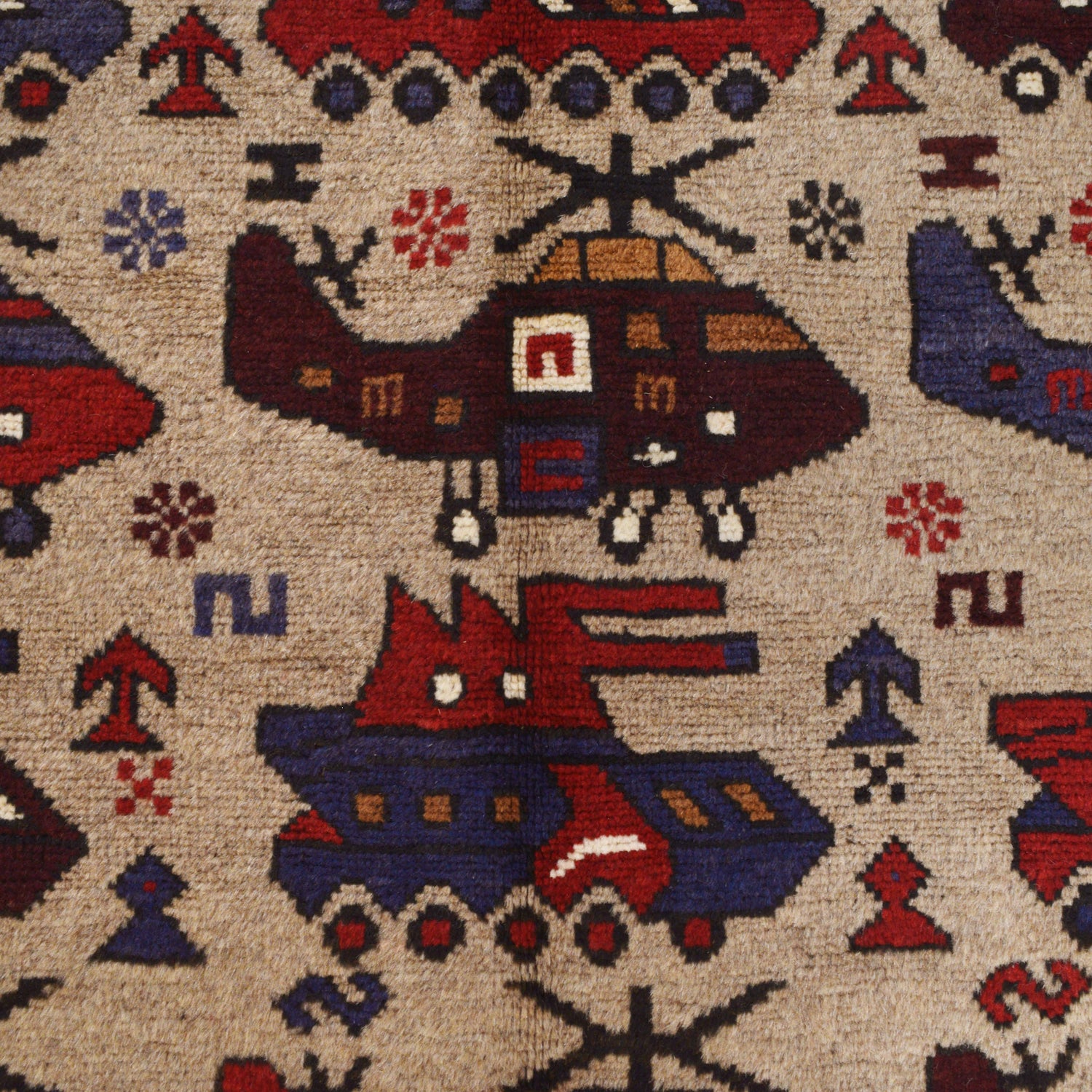 War Area Rug Handmade Brown Tank + Helicopter 4x6 ft